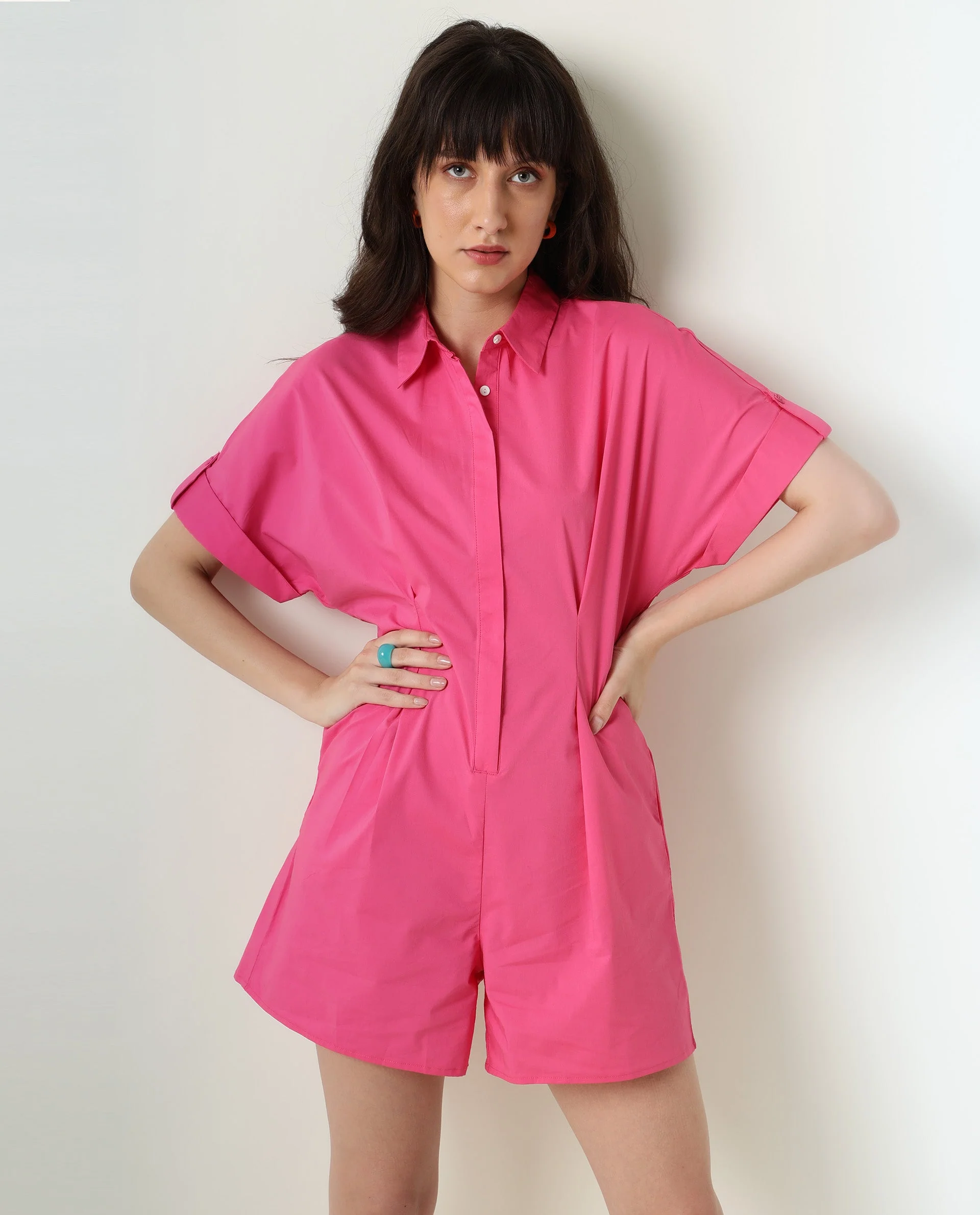 Rareism Womens Bitsy Pink Playsuit Cotton Lycra Fabric Regular Fit Half Sleeve Collared Neck - Image 2