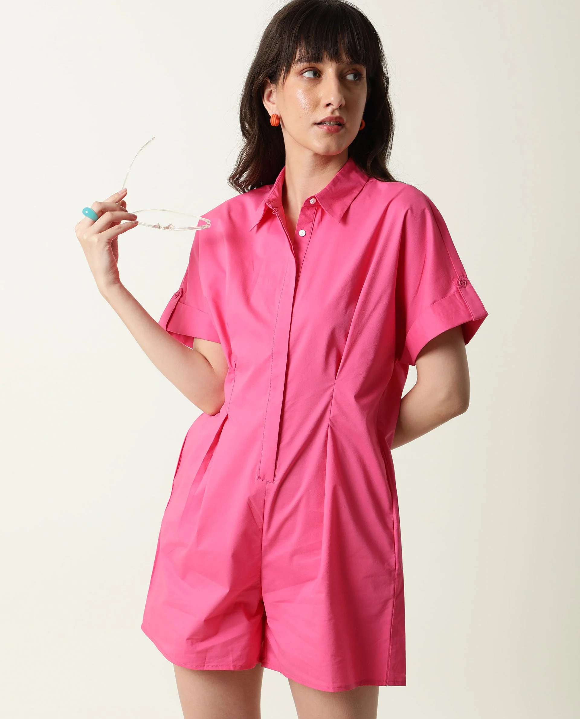 Rareism Womens Bitsy Pink Playsuit Cotton Lycra Fabric Regular Fit Half Sleeve Collared Neck - Image 3