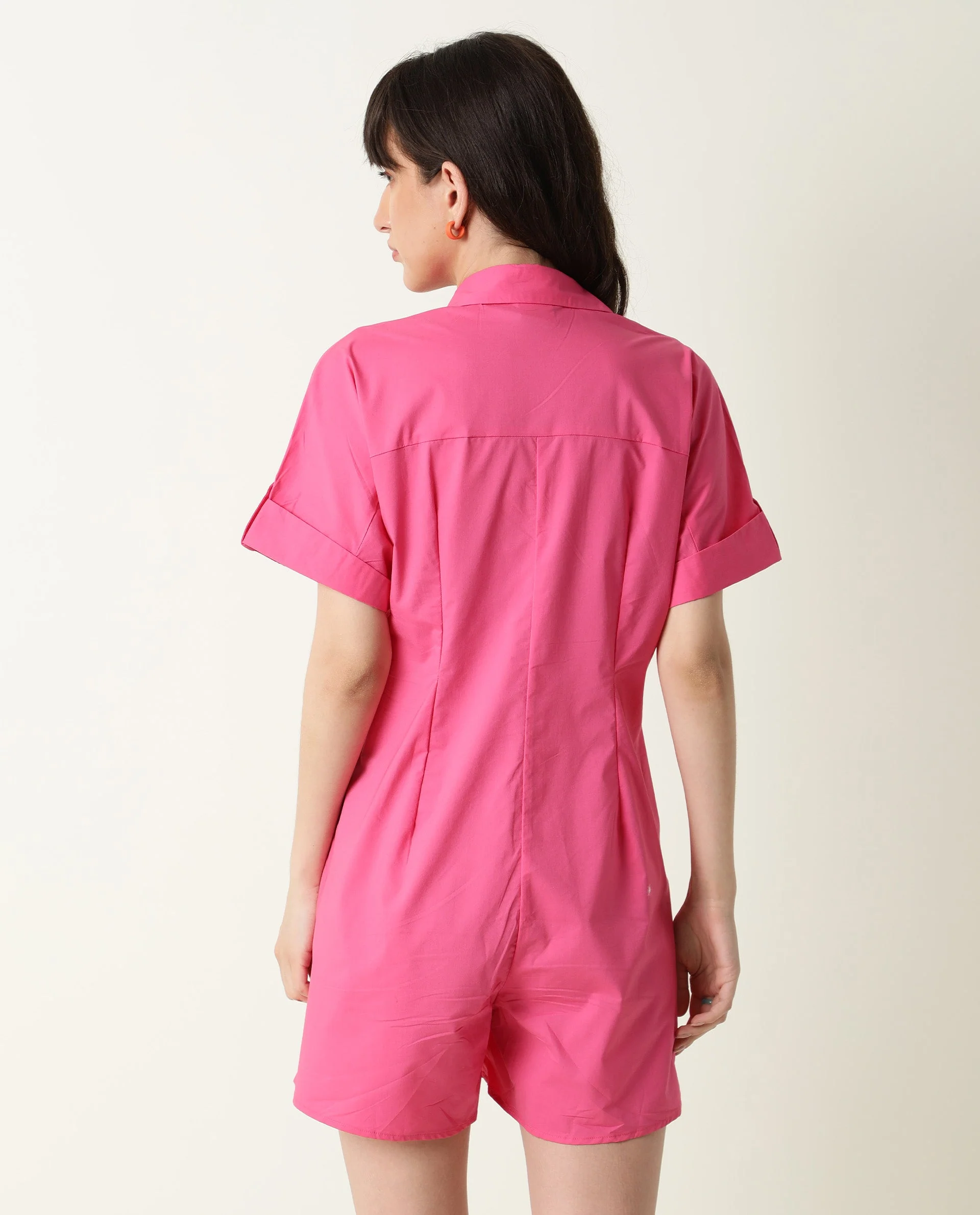 Rareism Womens Bitsy Pink Playsuit Cotton Lycra Fabric Regular Fit Half Sleeve Collared Neck - Image 8