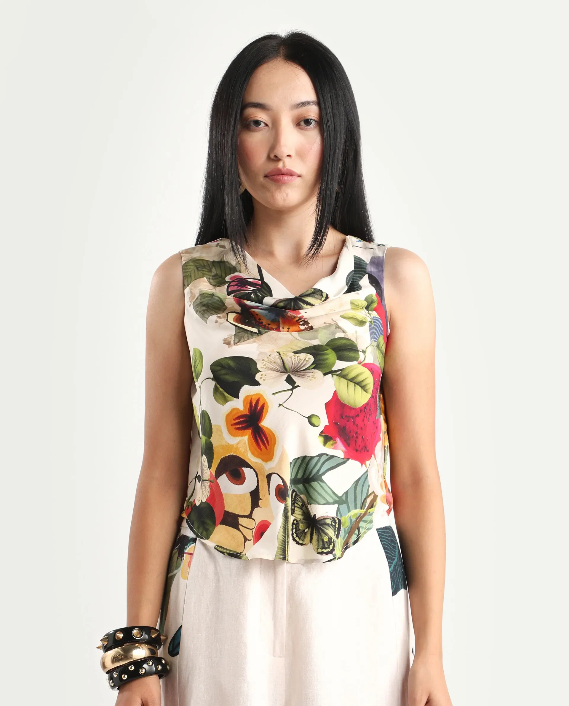 Rareism Women's Bizmar Off White Silk Sleeveless Regular Fit Abstract Print Top - Image 4