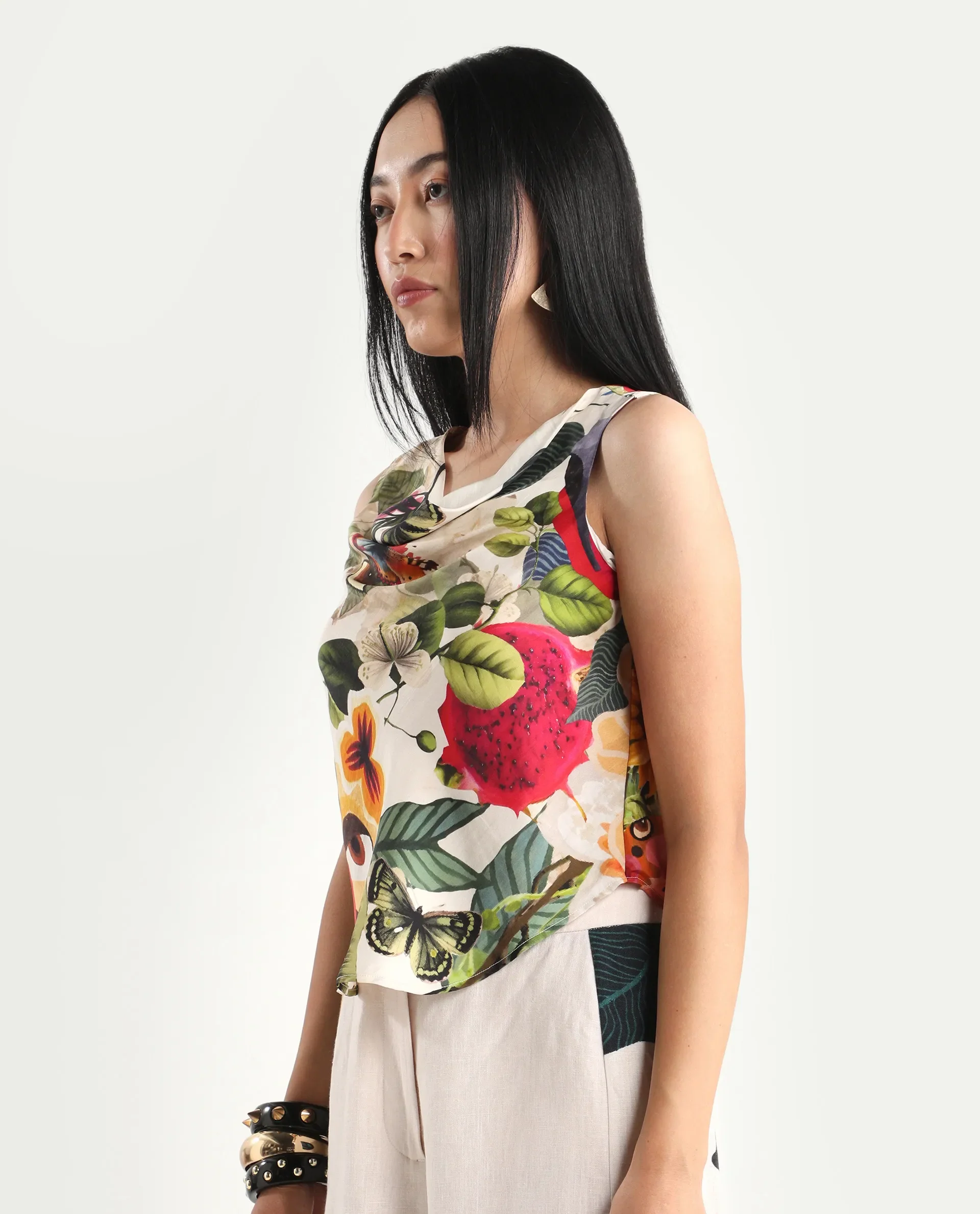 Rareism Women's Bizmar Off White Silk Sleeveless Regular Fit Abstract Print Top - Image 5