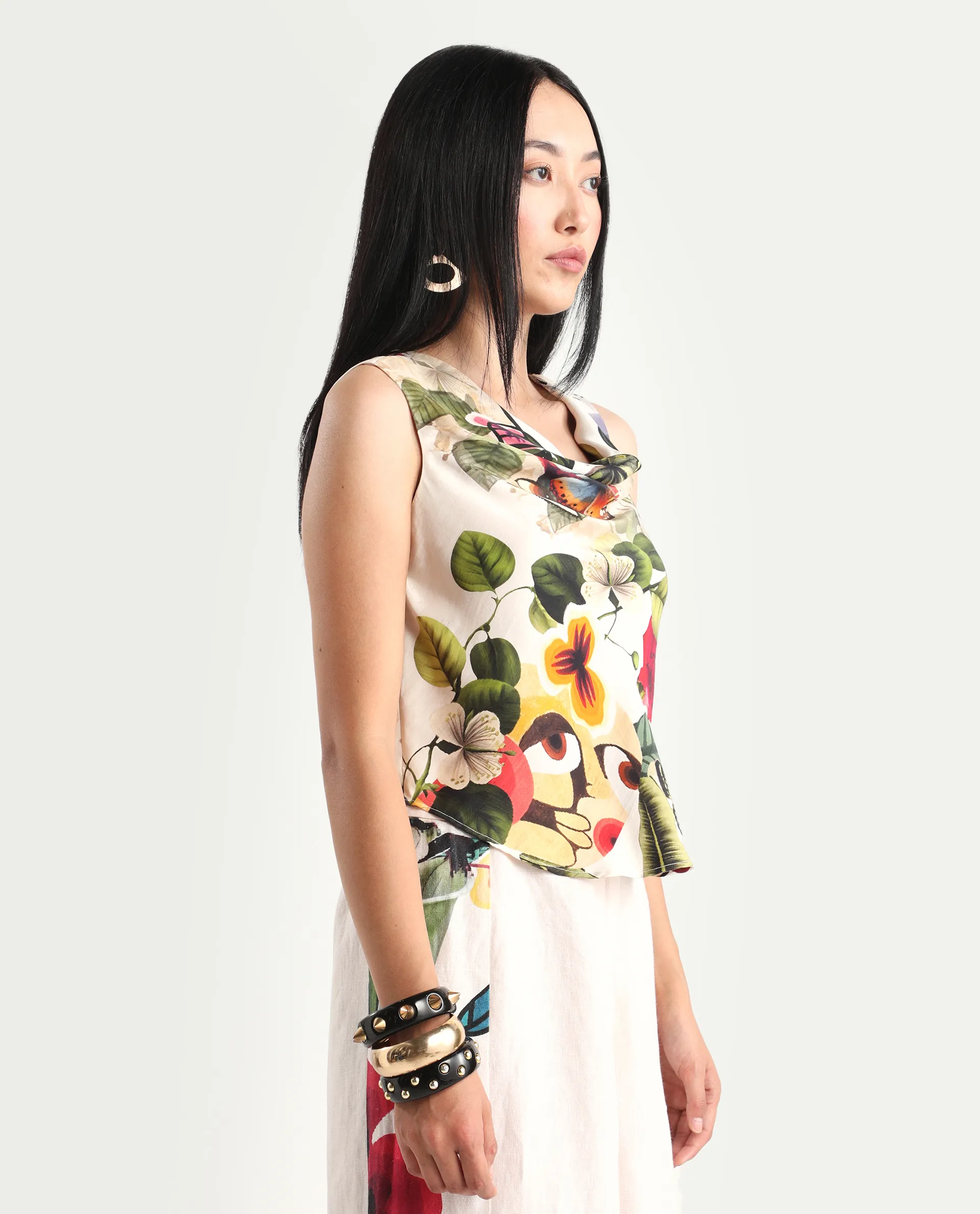 Rareism Women's Bizmar Off White Silk Sleeveless Regular Fit Abstract Print Top - Image 6