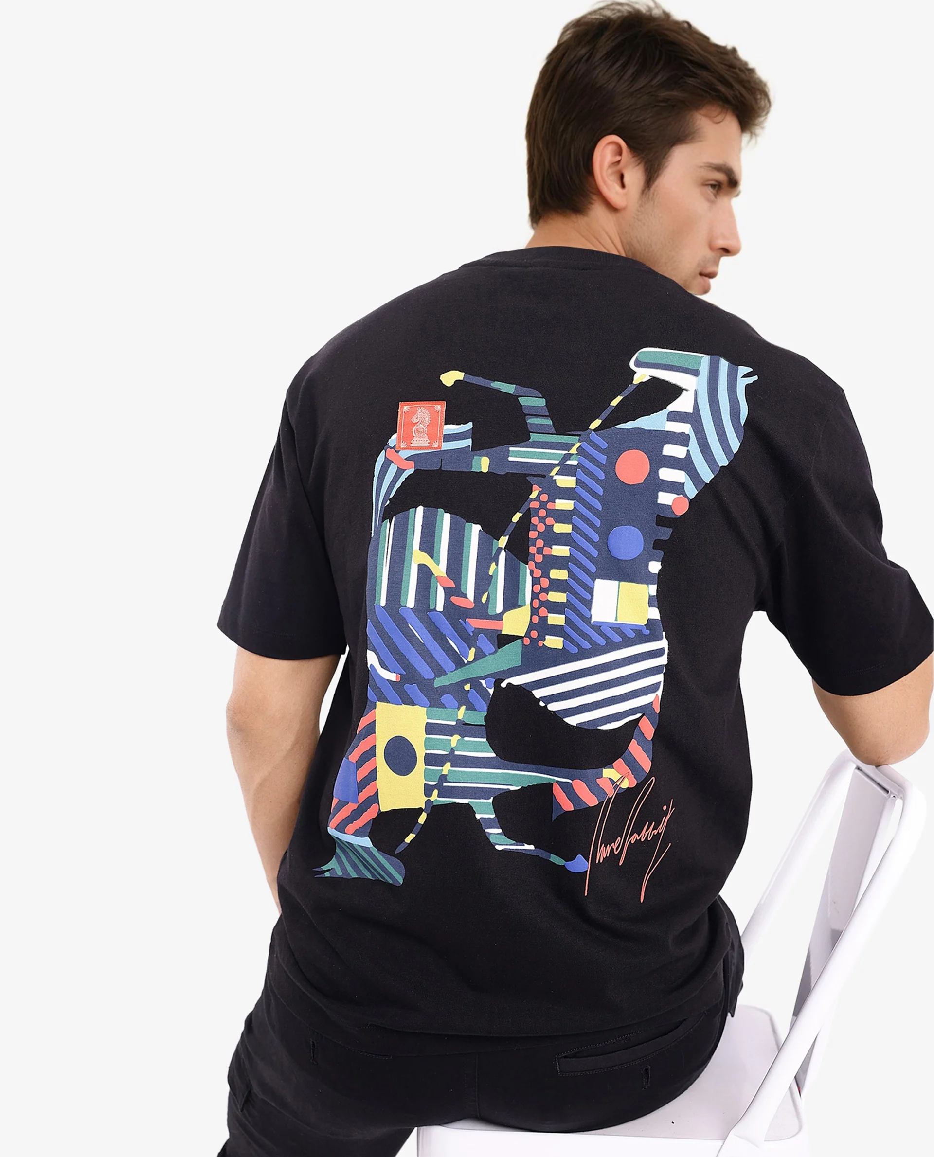 Rare Rabbit Men's Bjorn Black Cotton Graphic Print Oversized Fit Half Sleeve Crew Neck T-Shirt - Image 2