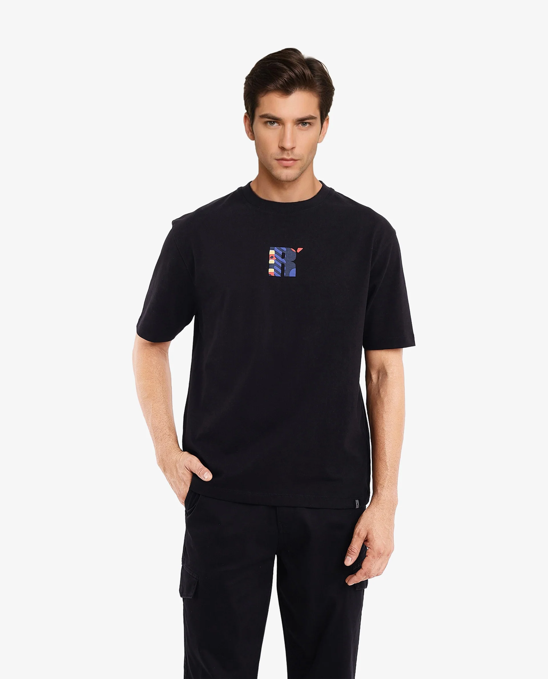 Rare Rabbit Men's Bjorn Black Cotton Graphic Print Oversized Fit Half Sleeve Crew Neck T-Shirt - Image 3