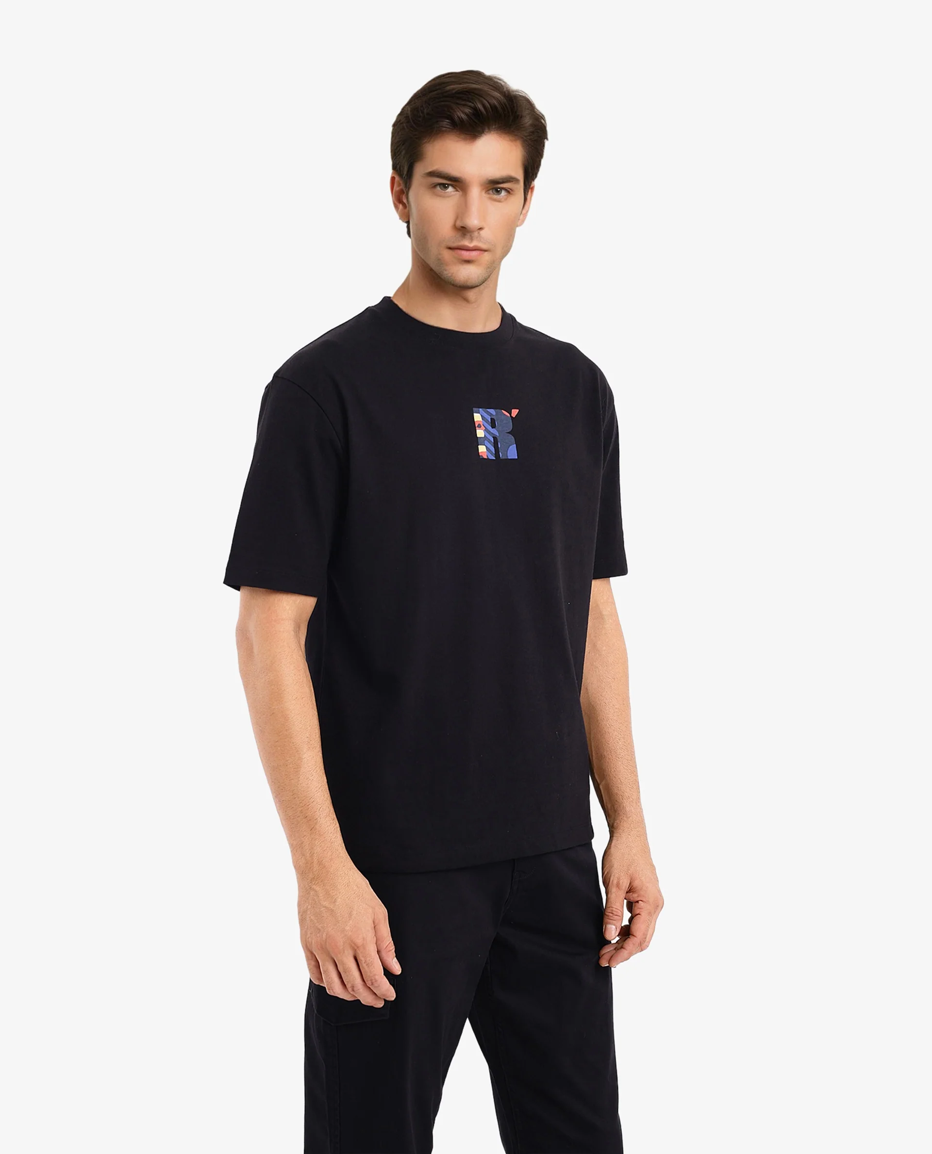 Rare Rabbit Men's Bjorn Black Cotton Graphic Print Oversized Fit Half Sleeve Crew Neck T-Shirt - Image 7