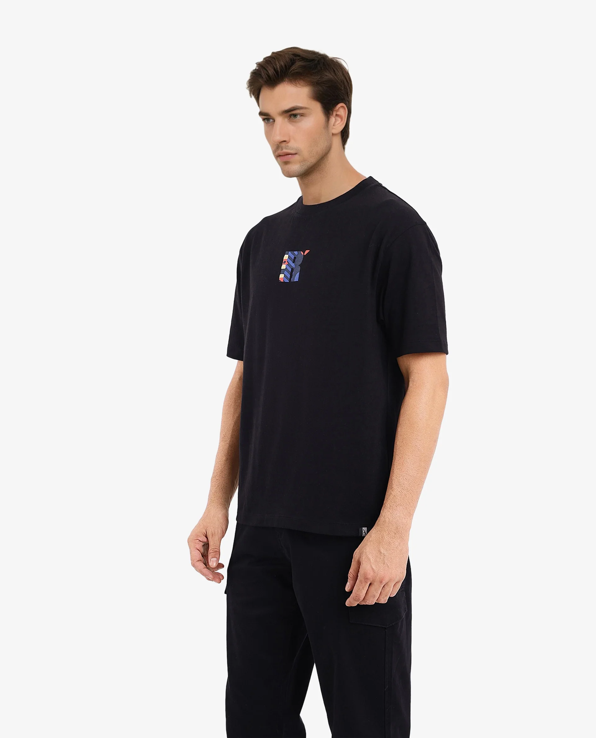 Rare Rabbit Men's Bjorn Black Cotton Graphic Print Oversized Fit Half Sleeve Crew Neck T-Shirt - Image 8