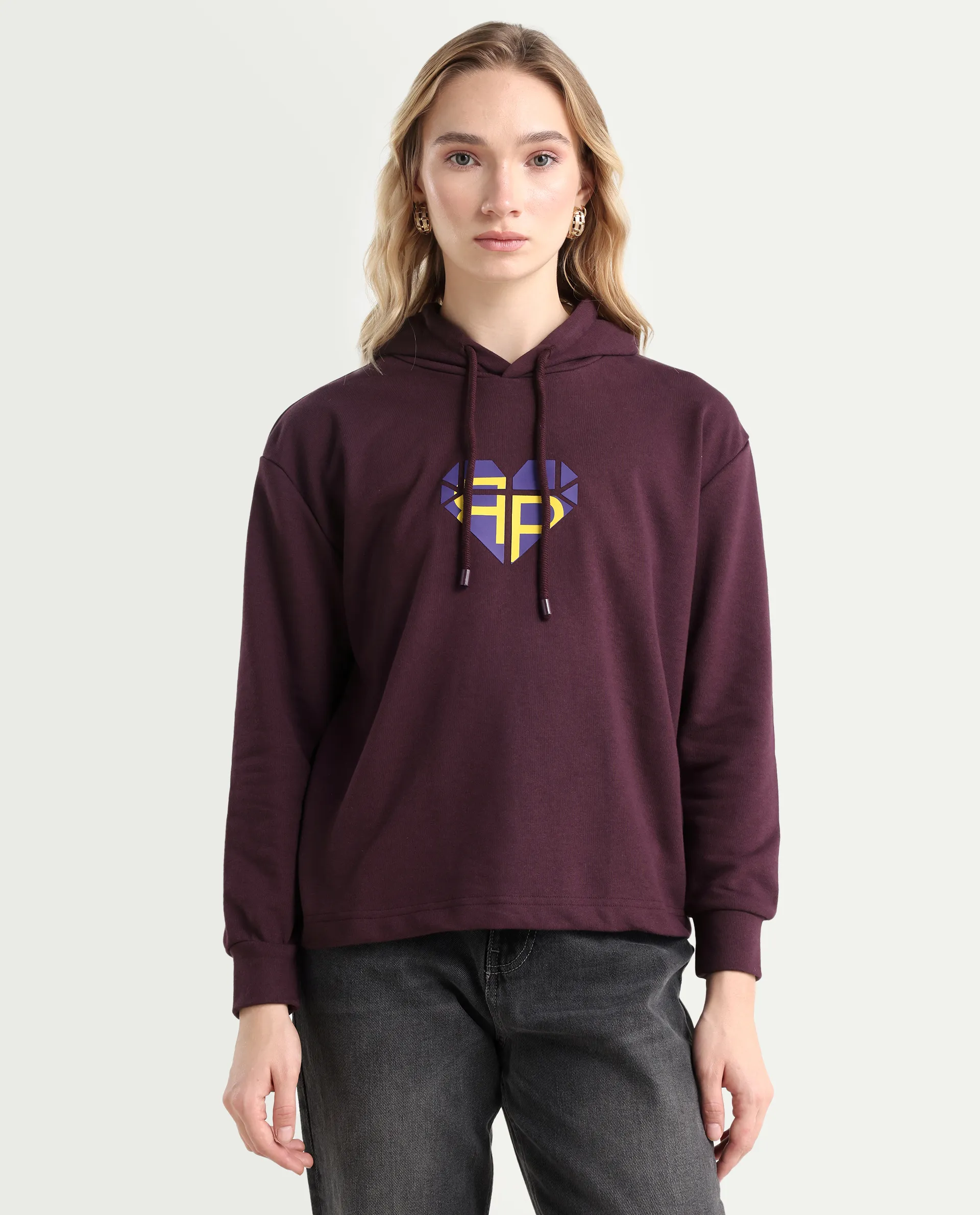 Rareism Women's Blacher Dark Maroon Polyester Blend Hooded Graphic Print Regular Fit Sweatshirt - Image 3