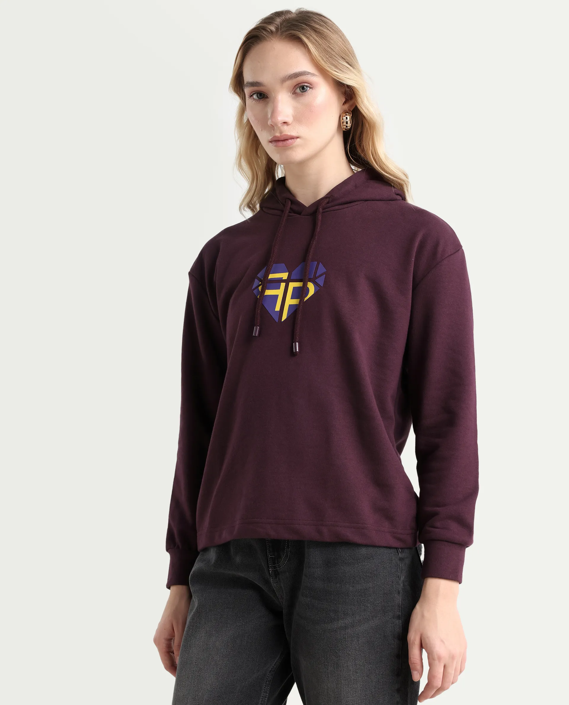 Rareism Women's Blacher Dark Maroon Polyester Blend Hooded Graphic Print Regular Fit Sweatshirt - Image 5