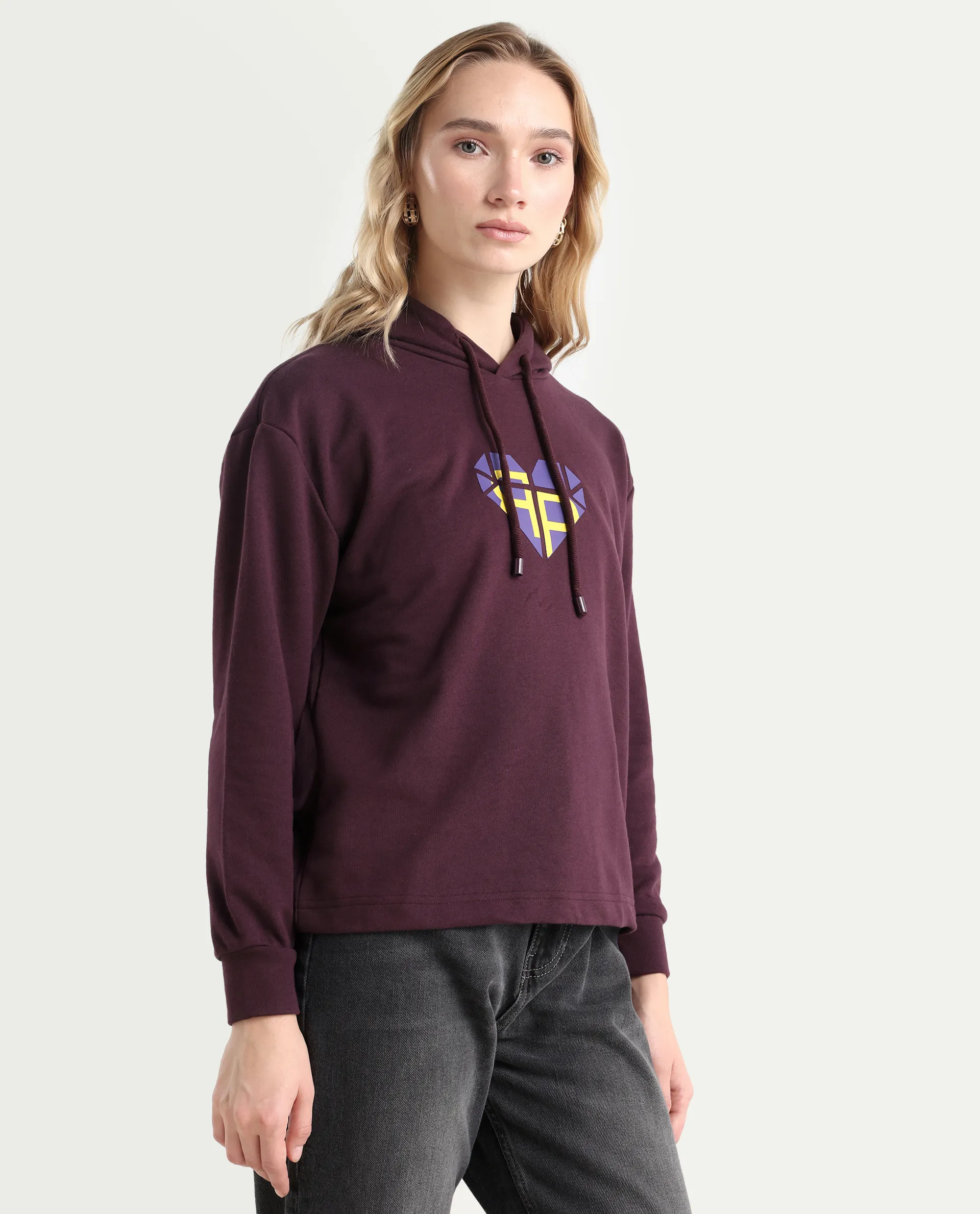 Rareism Women's Blacher Dark Maroon Polyester Blend Hooded Graphic Print Regular Fit Sweatshirt - Image 6