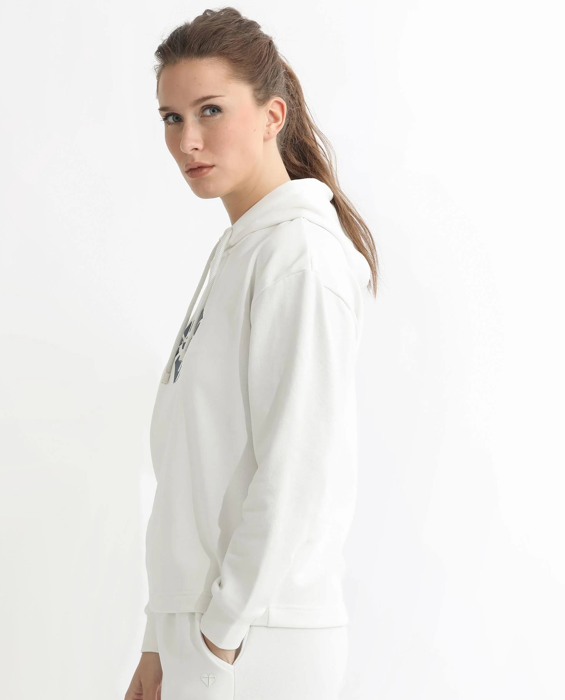 Rareism Women's Blacher Off White Polyester Blend Hooded Graphic Print Regular Fit Sweatshirt - Image 11