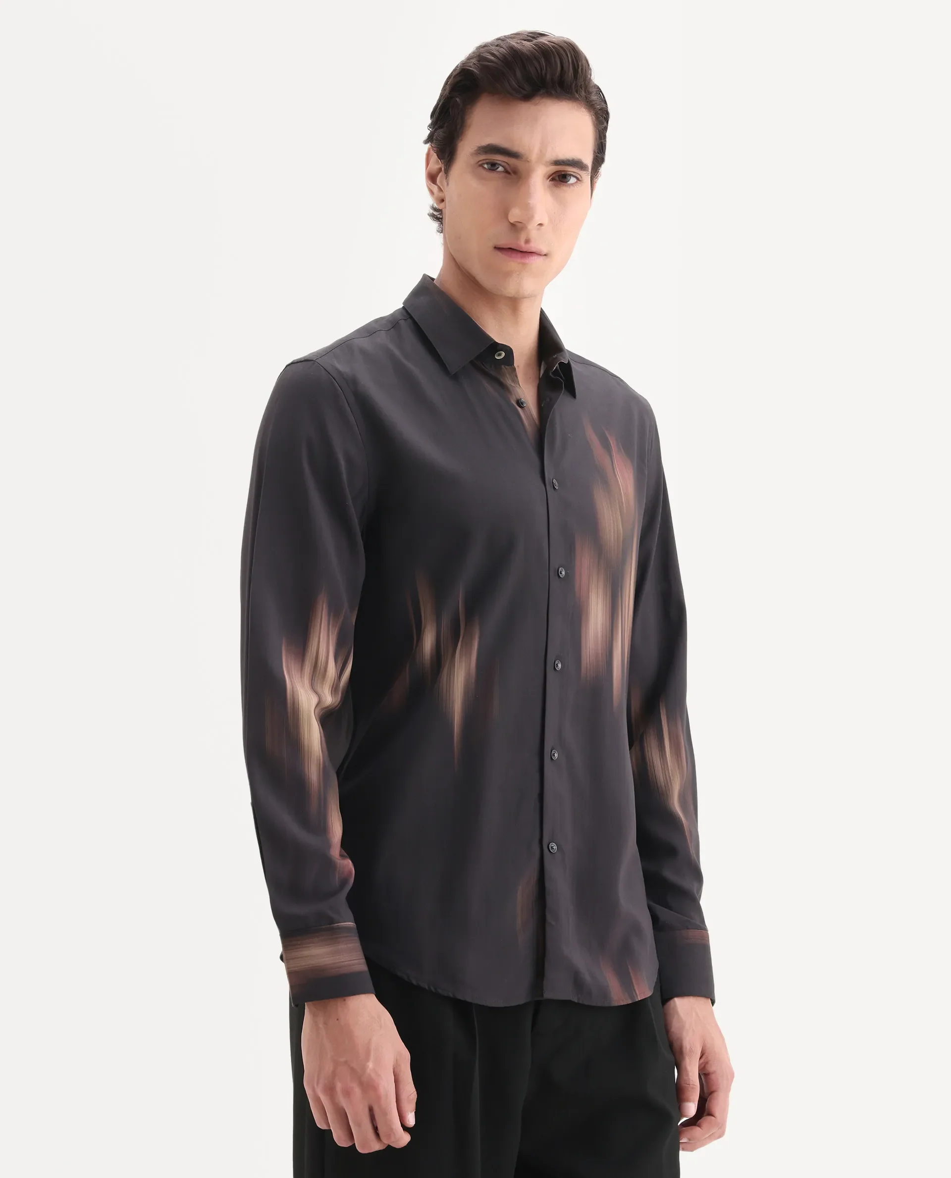 Rare Rabbit Men's Blade Black Viscose Fabric Full Sleeve Collared Neck Abstract Print Shirt - Image 5