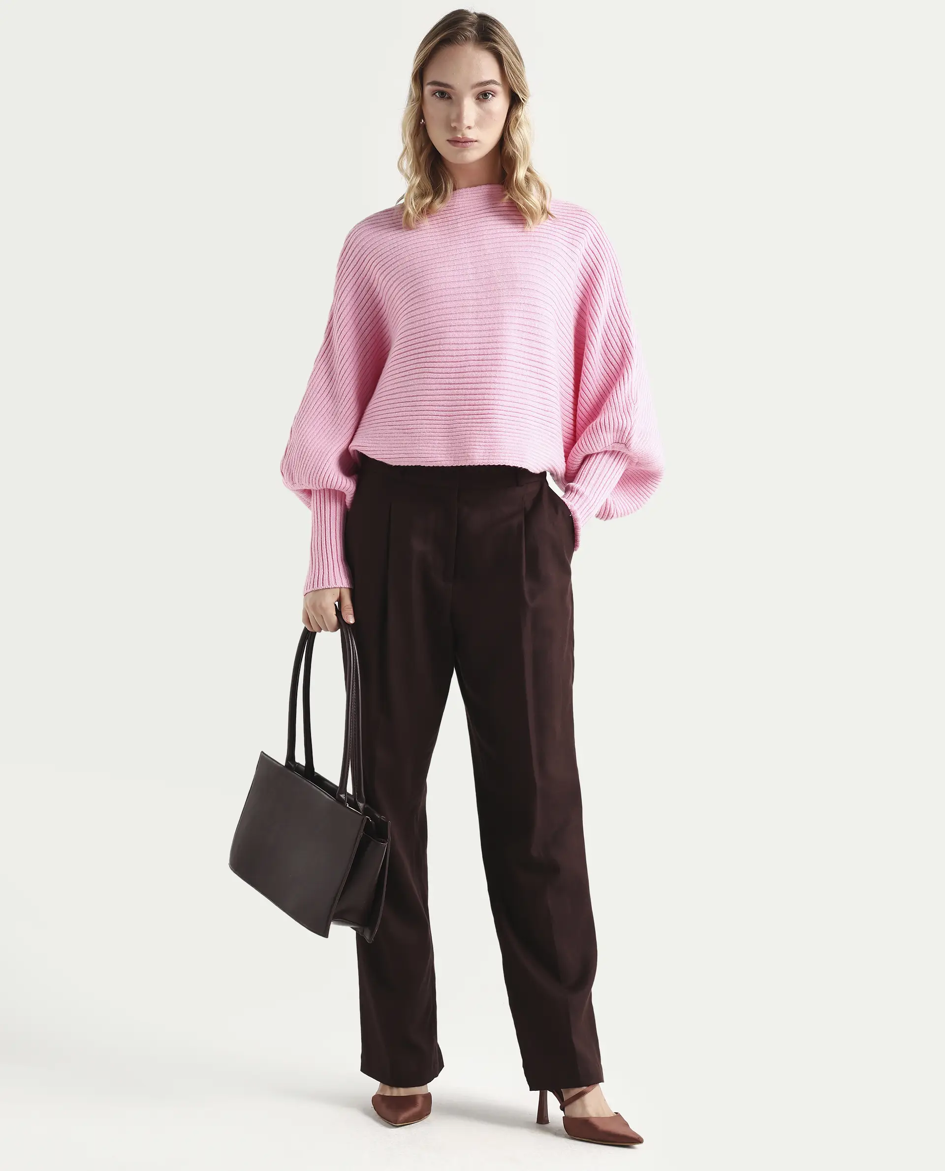 Rareism Women's Blaire Light Pink Viscose Blend Crew Neck Plain Bishop Sleeve Crop Relaxed Fit Sweater - Image 2