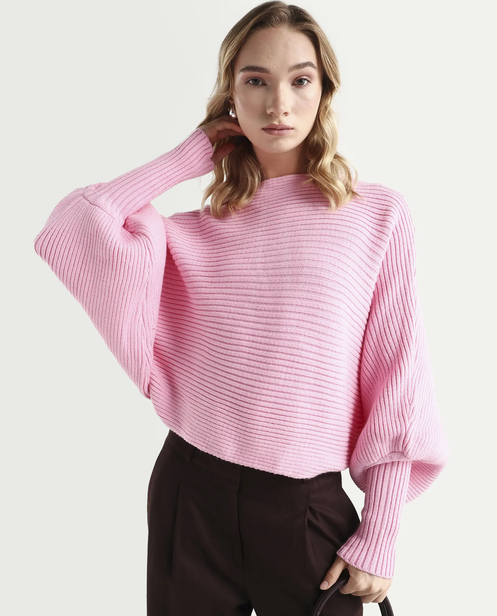 Rareism Women's Blaire Light Pink Viscose Blend Crew Neck Plain Bishop Sleeve Crop Relaxed Fit Sweater - Image 3
