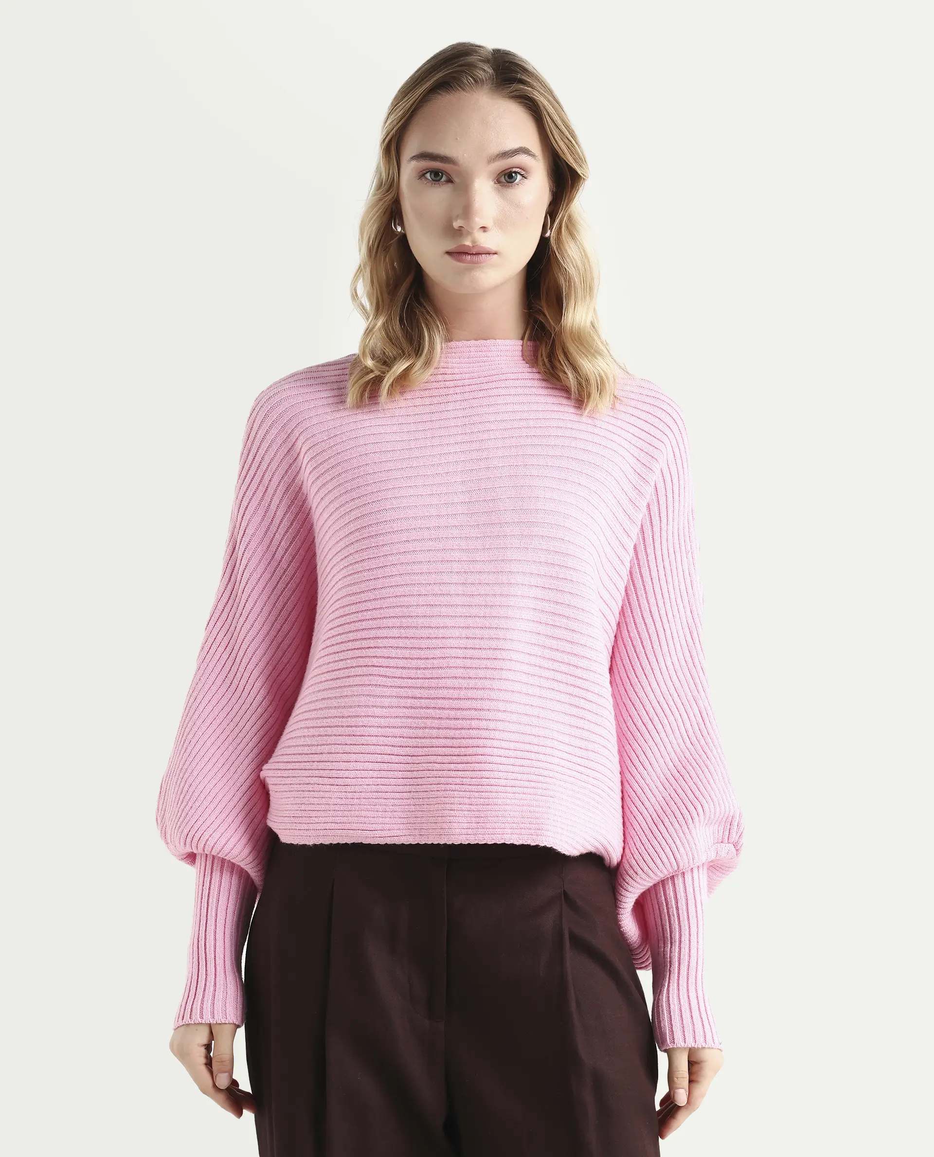 Rareism Women's Blaire Light Pink Viscose Blend Crew Neck Plain Bishop Sleeve Crop Relaxed Fit Sweater - Image 4