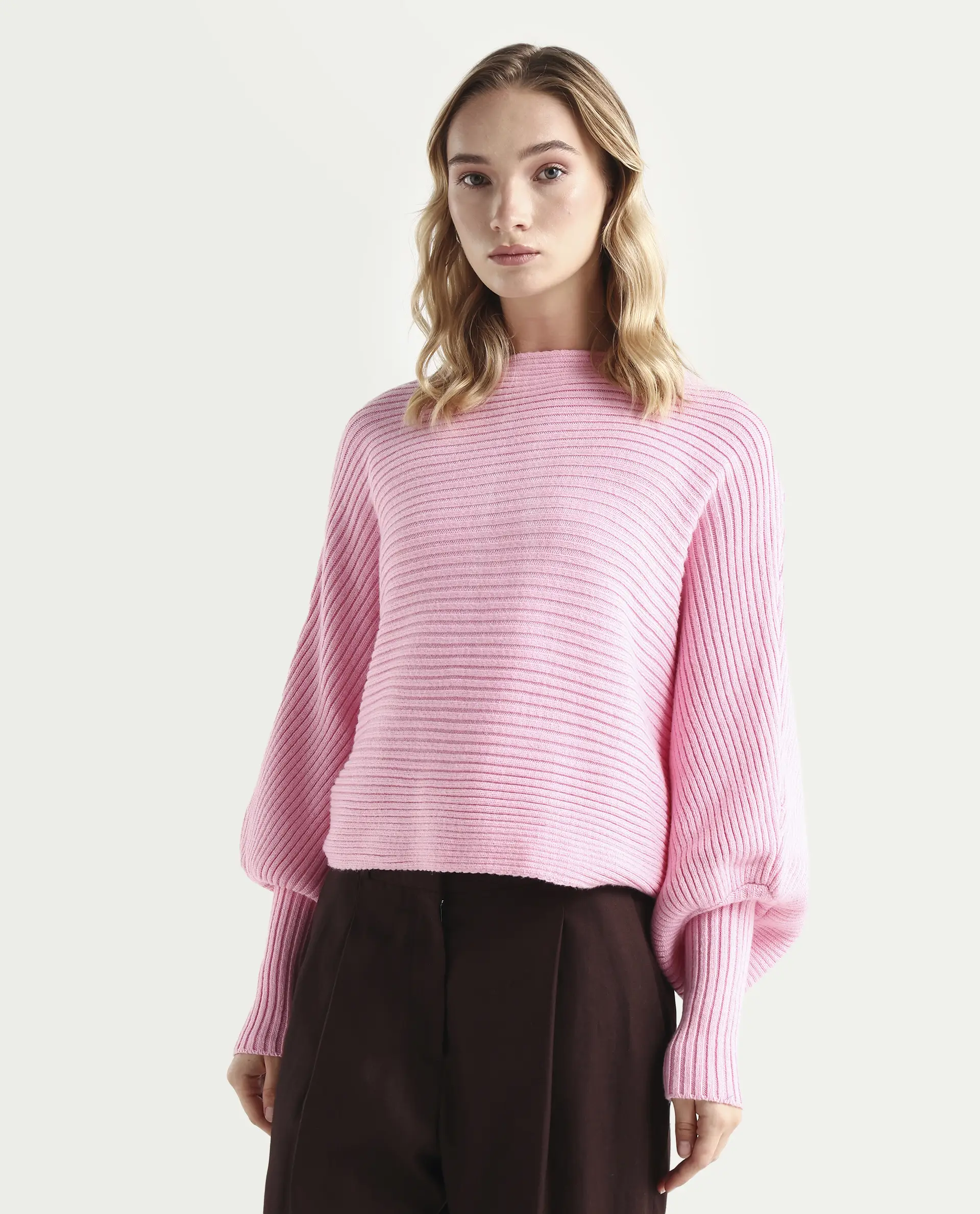 Rareism Women's Blaire Light Pink Viscose Blend Crew Neck Plain Bishop Sleeve Crop Relaxed Fit Sweater - Image 5