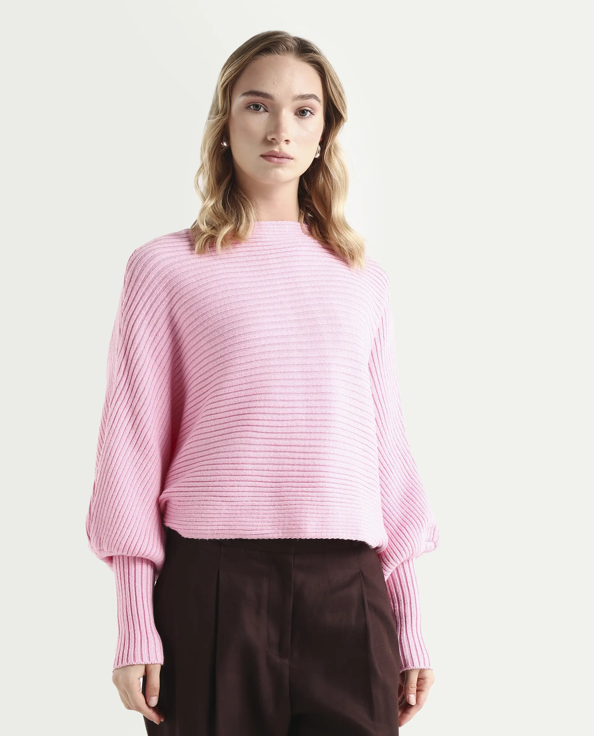 Rareism Women's Blaire Light Pink Viscose Blend Crew Neck Plain Bishop Sleeve Crop Relaxed Fit Sweater - Image 6