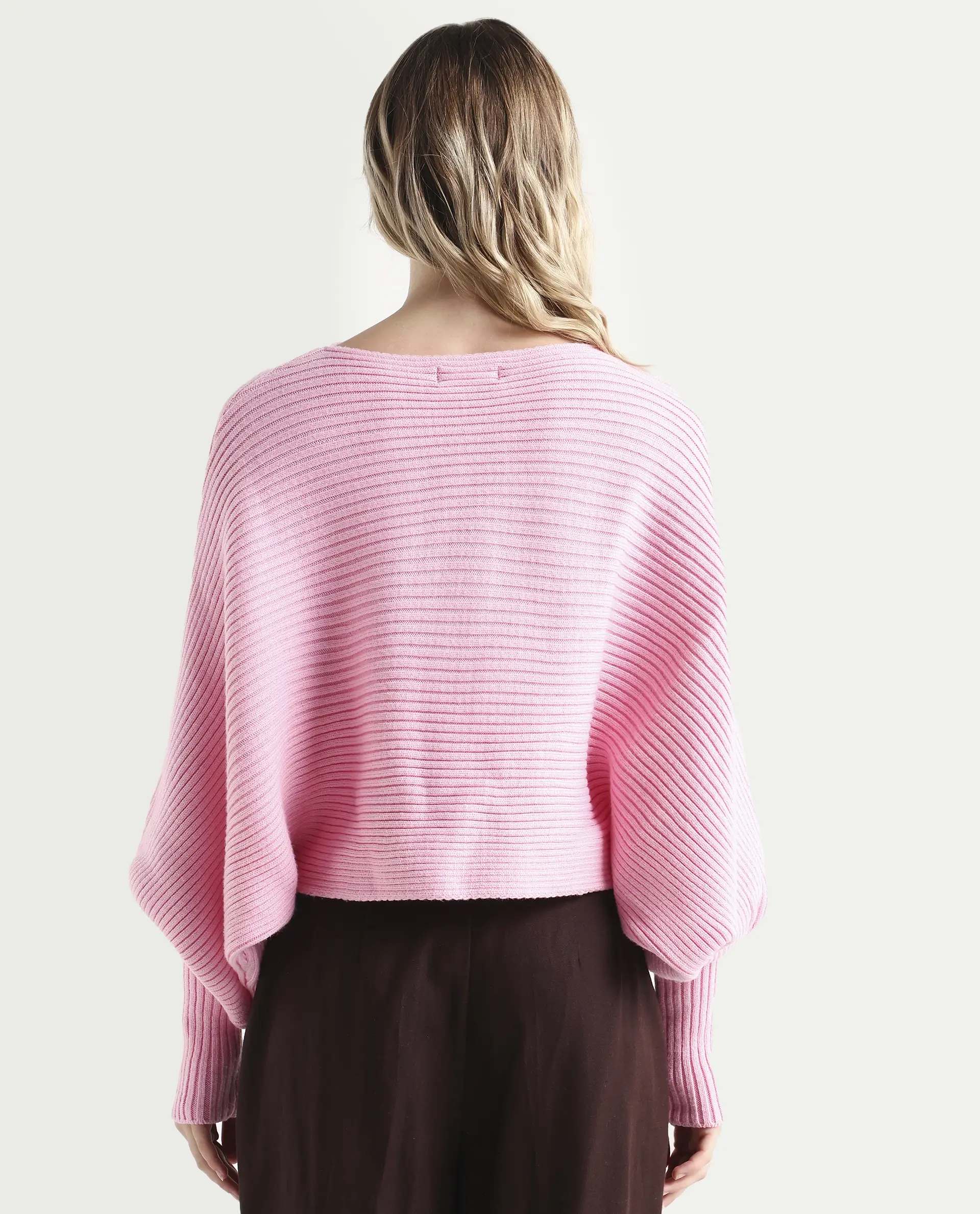 Rareism Women's Blaire Light Pink Viscose Blend Crew Neck Plain Bishop Sleeve Crop Relaxed Fit Sweater - Image 7