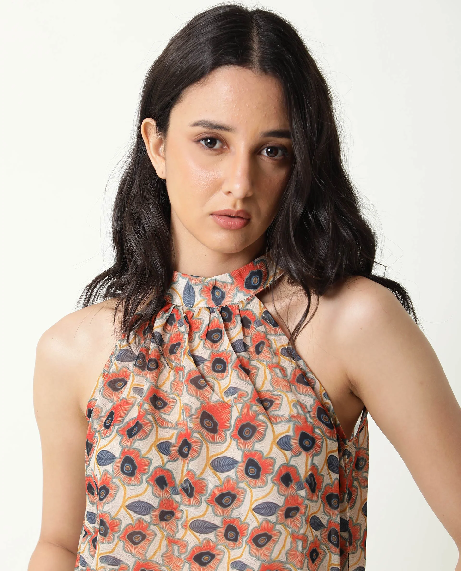 Rareism Women's Blake Beige Boat Neck Floral Print Sleeveless Knee Length Relaxed Fit Top - Image 3