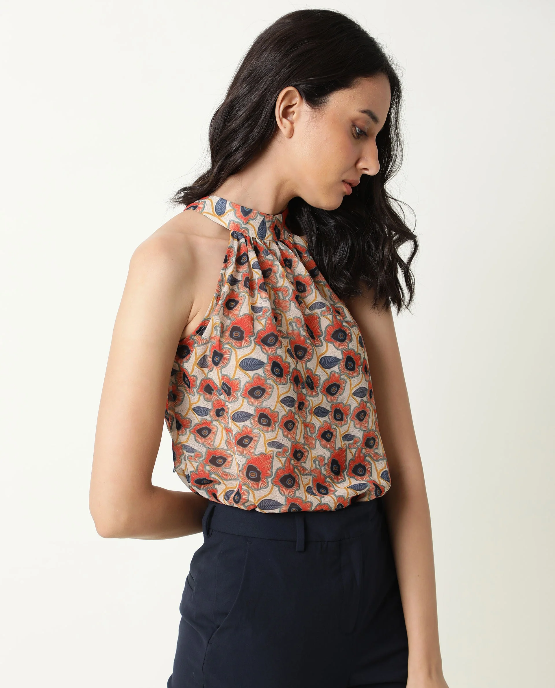 Rareism Women's Blake Beige Boat Neck Floral Print Sleeveless Knee Length Relaxed Fit Top - Image 5