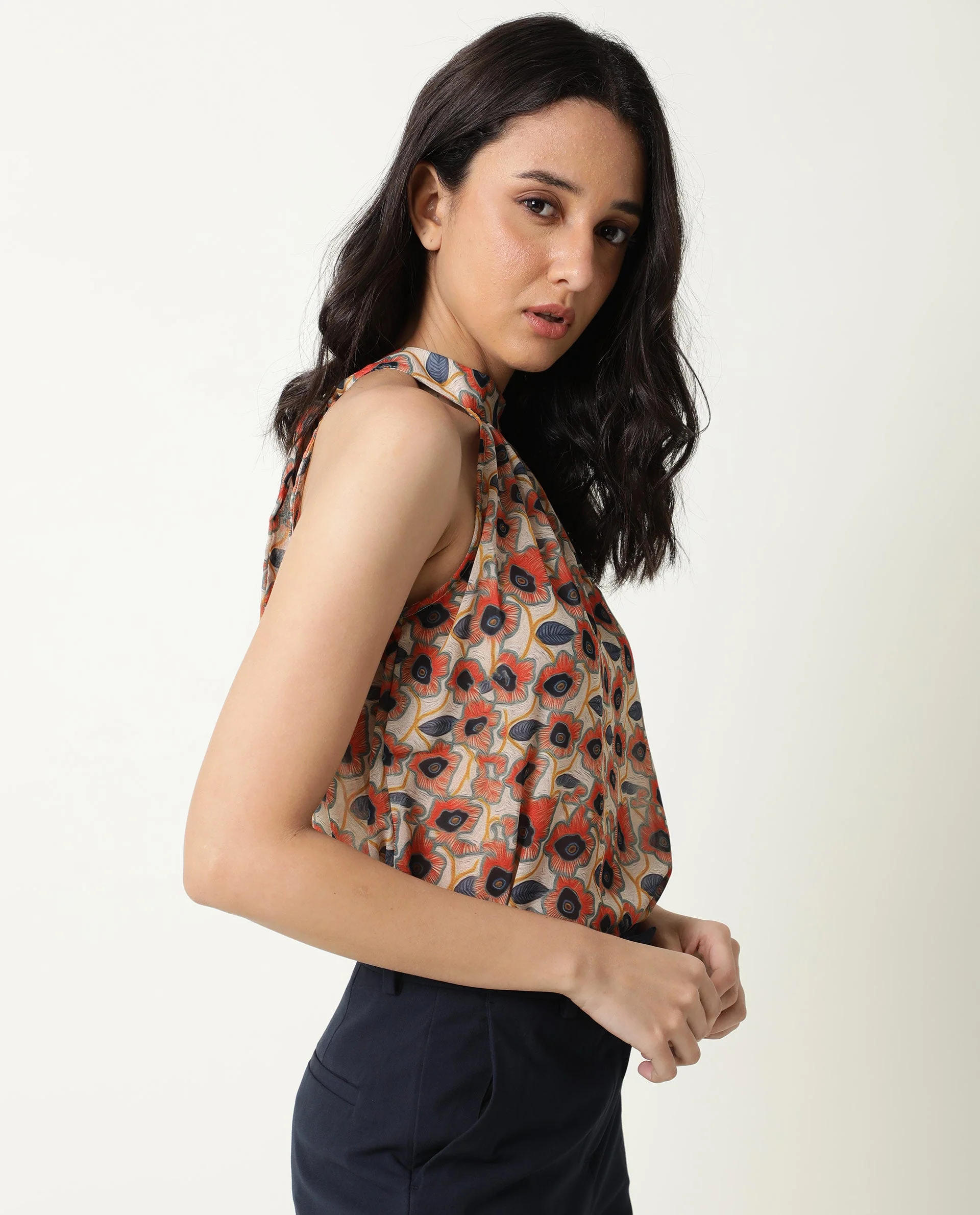 Rareism Women's Blake Beige Boat Neck Floral Print Sleeveless Knee Length Relaxed Fit Top - Image 6