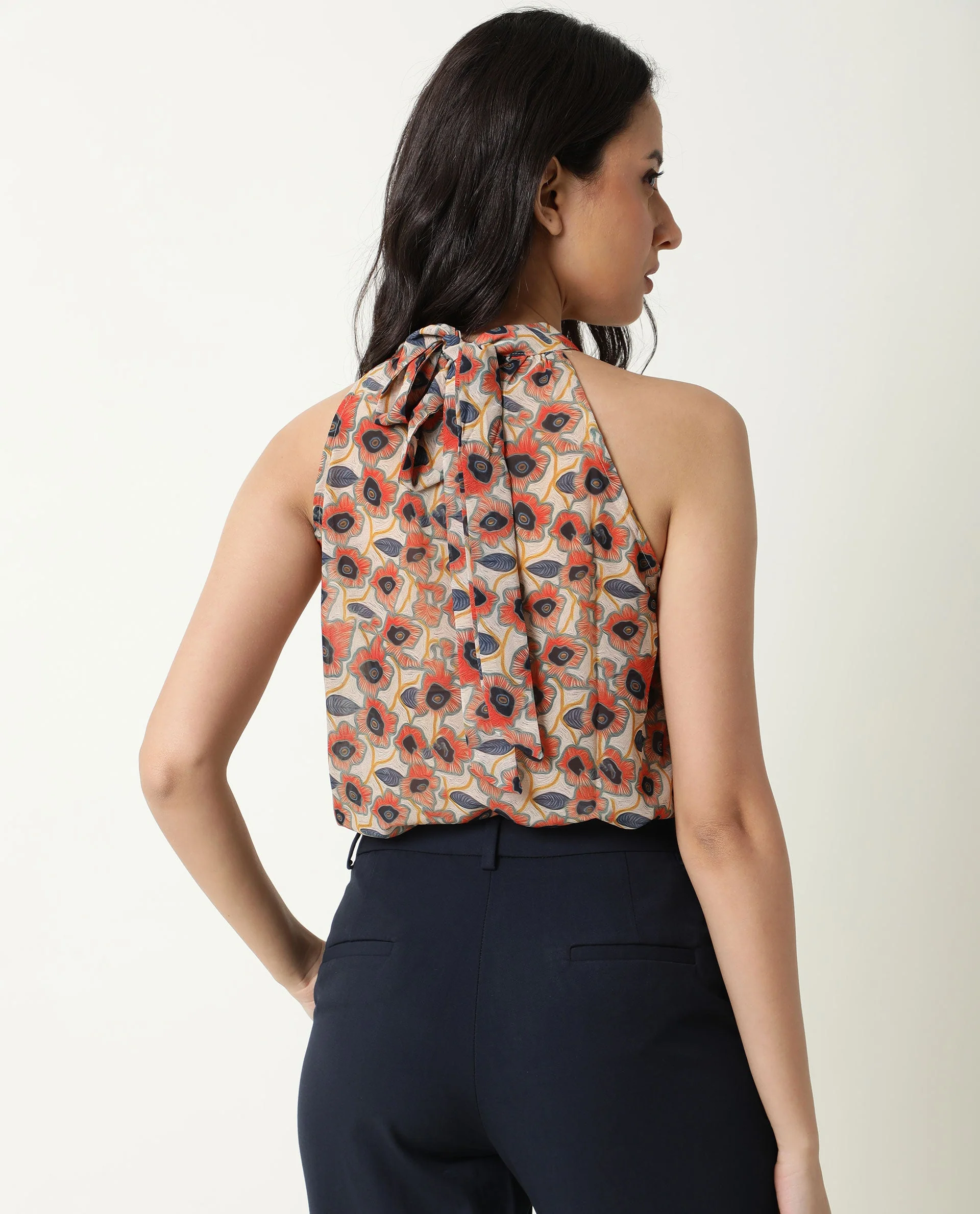 Rareism Women's Blake Beige Boat Neck Floral Print Sleeveless Knee Length Relaxed Fit Top - Image 7