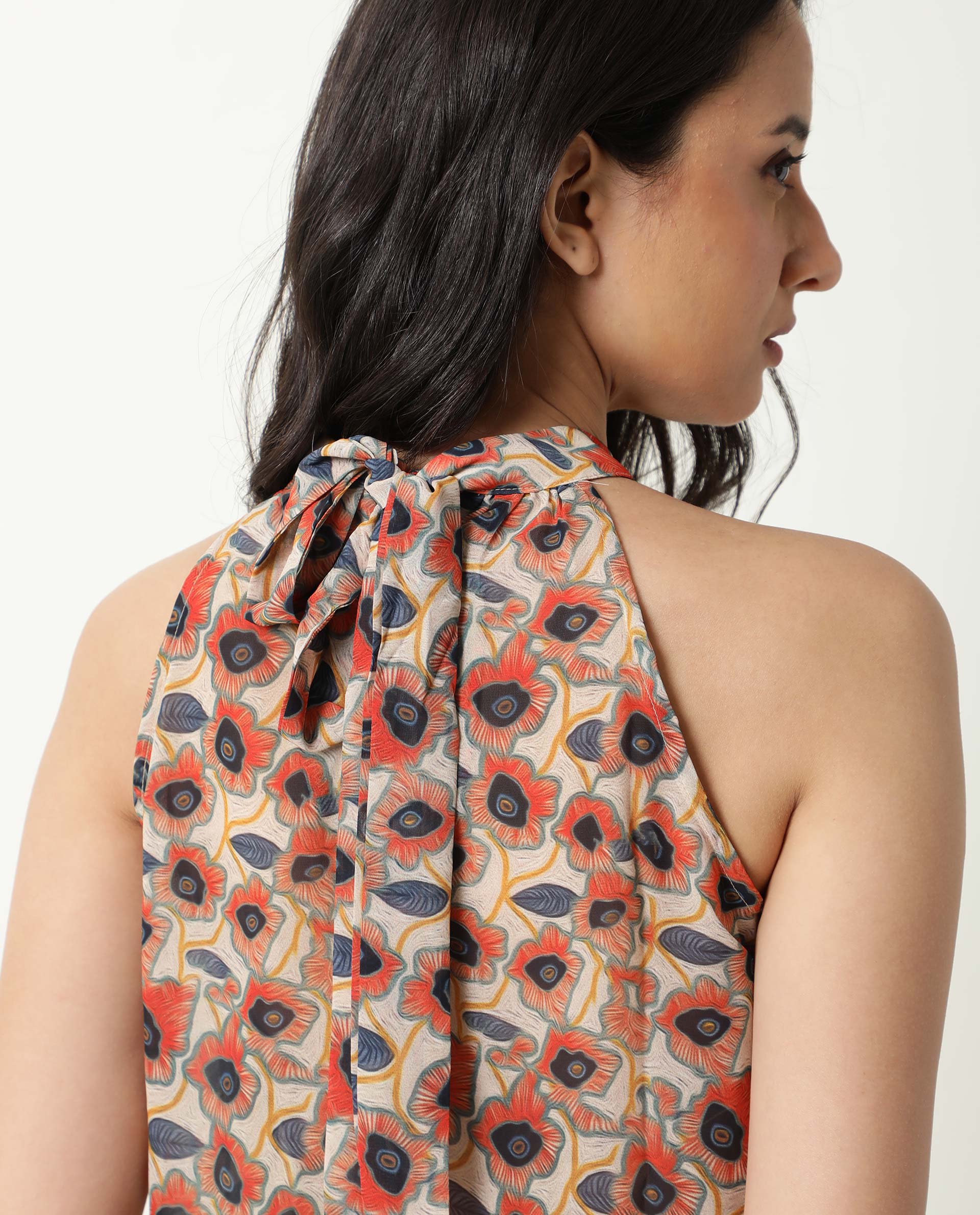 Rareism Women's Blake Beige Boat Neck Floral Print Sleeveless Knee Length Relaxed Fit Top - Image 8
