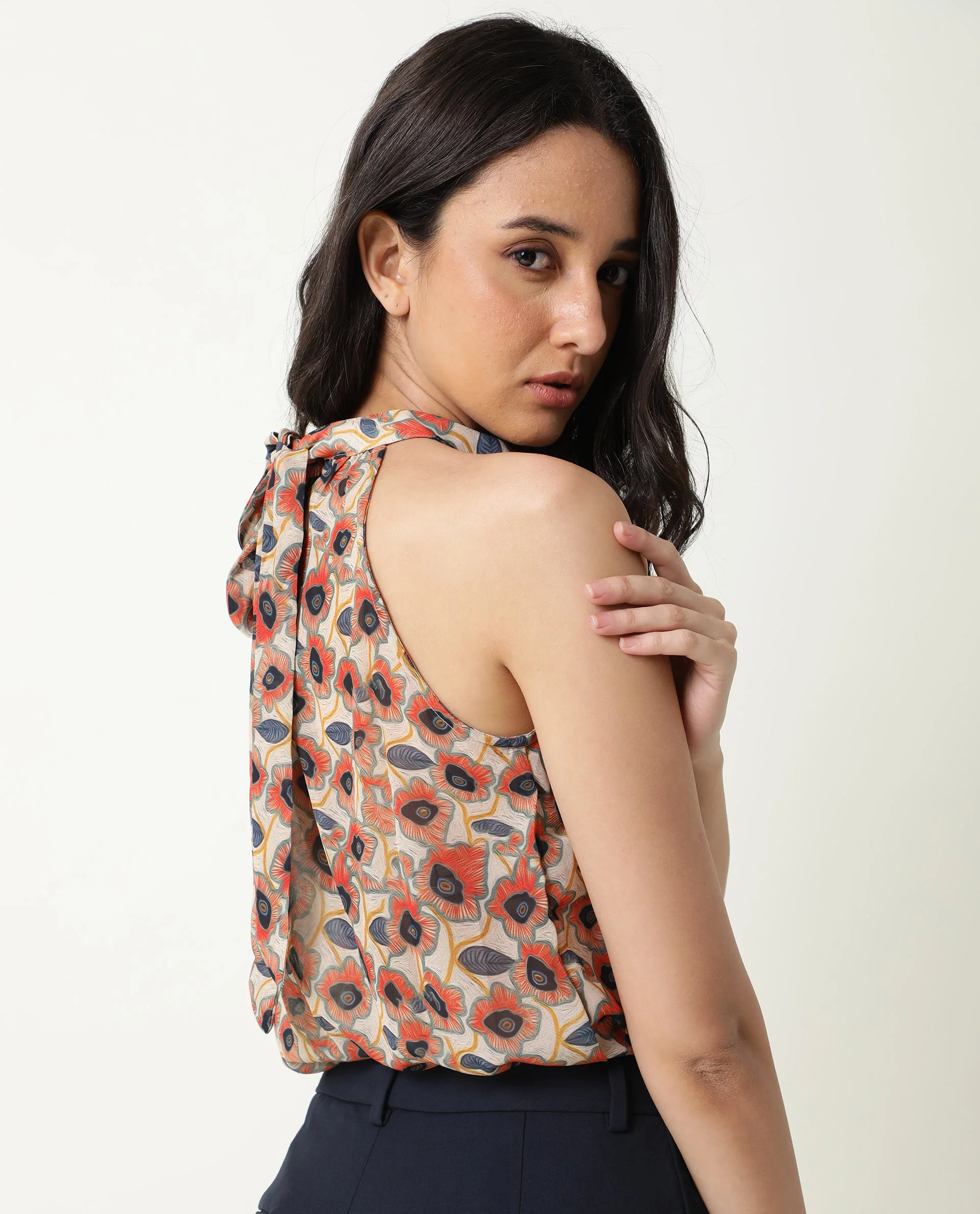 Rareism Women's Blake Beige Boat Neck Floral Print Sleeveless Knee Length Relaxed Fit Top - Image 9
