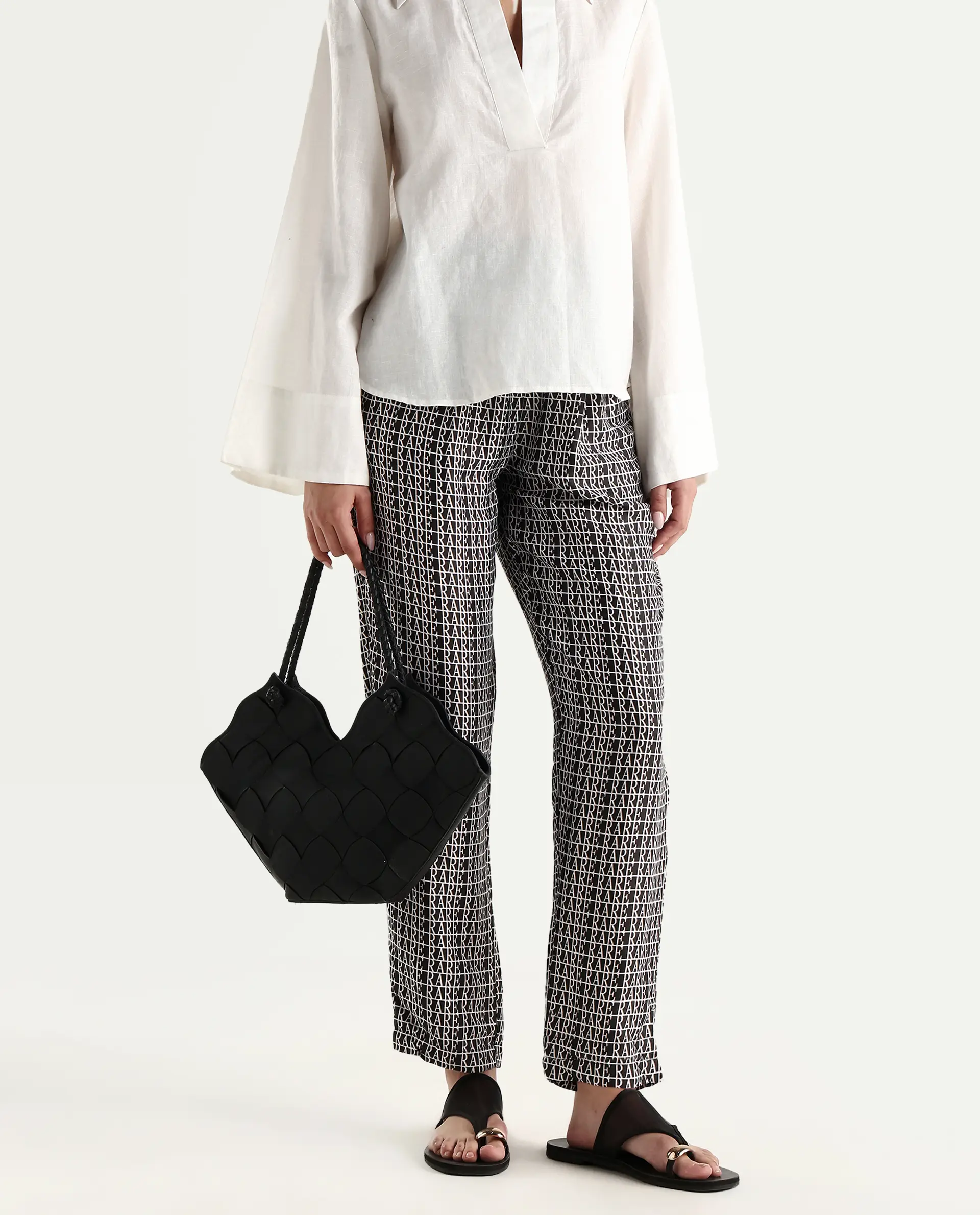 Rareism Women's Blakey Black Modal Blend Graphic Print Ankle Length Tailored Trouser - Image 2