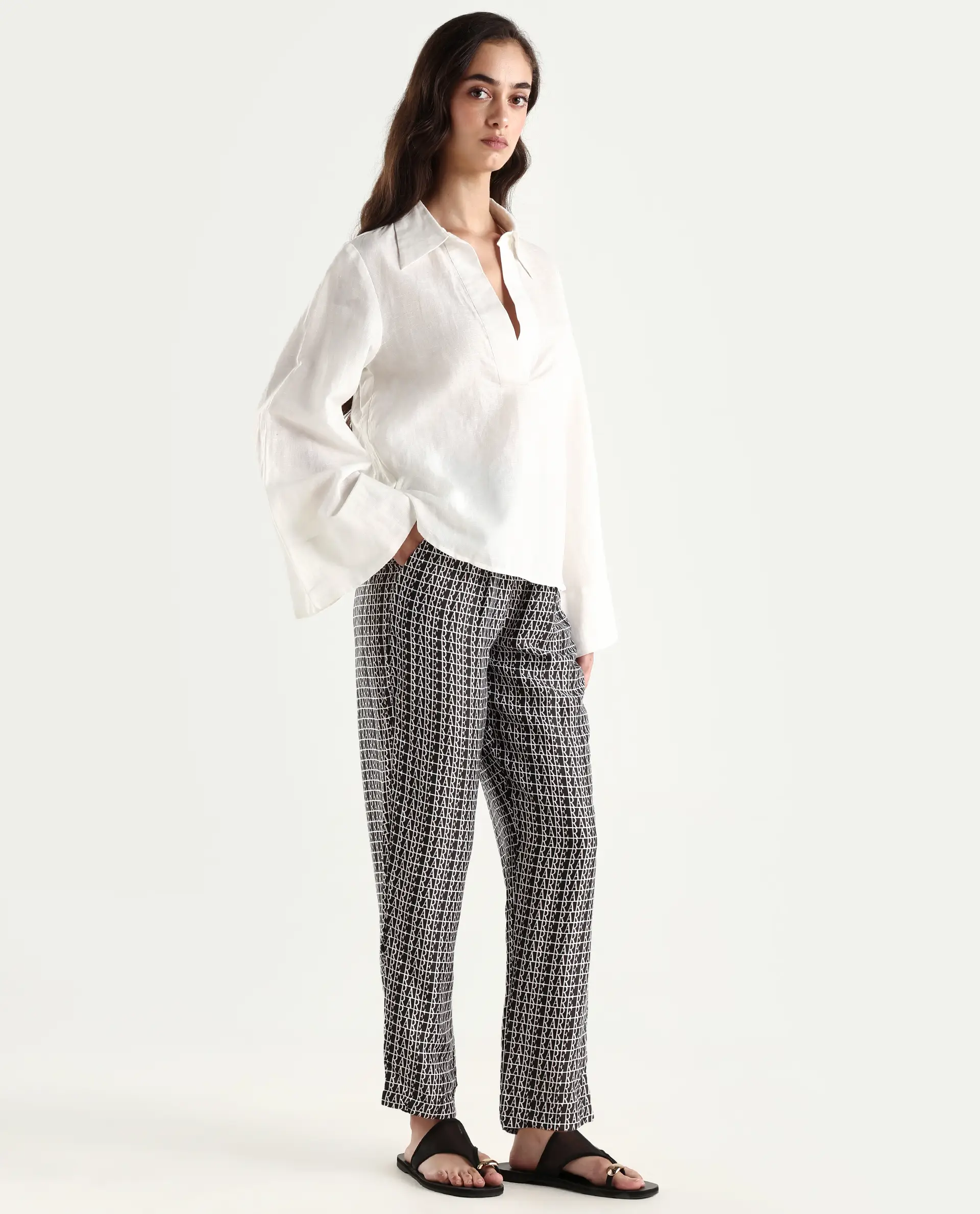 Rareism Women's Blakey Black Modal Blend Graphic Print Ankle Length Tailored Trouser - Image 5