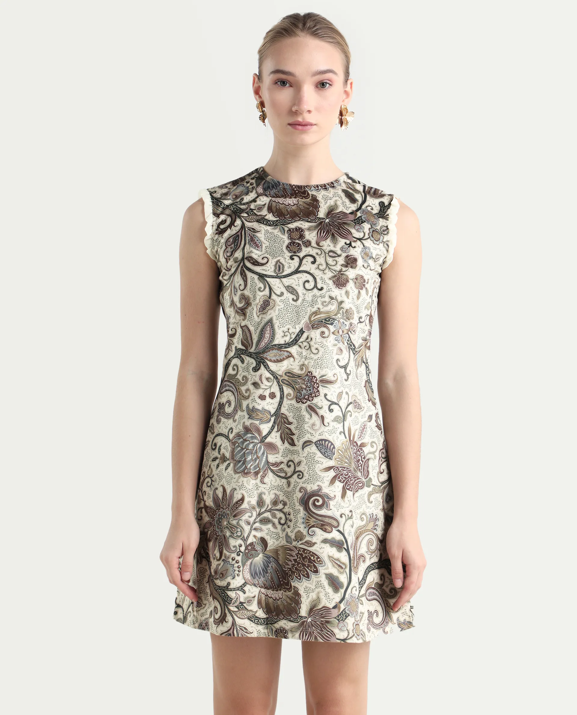 Rareism Women's Velvet Crew Neck Abstract Print Sleeveless Knee Length Fitted Dress - Image 3