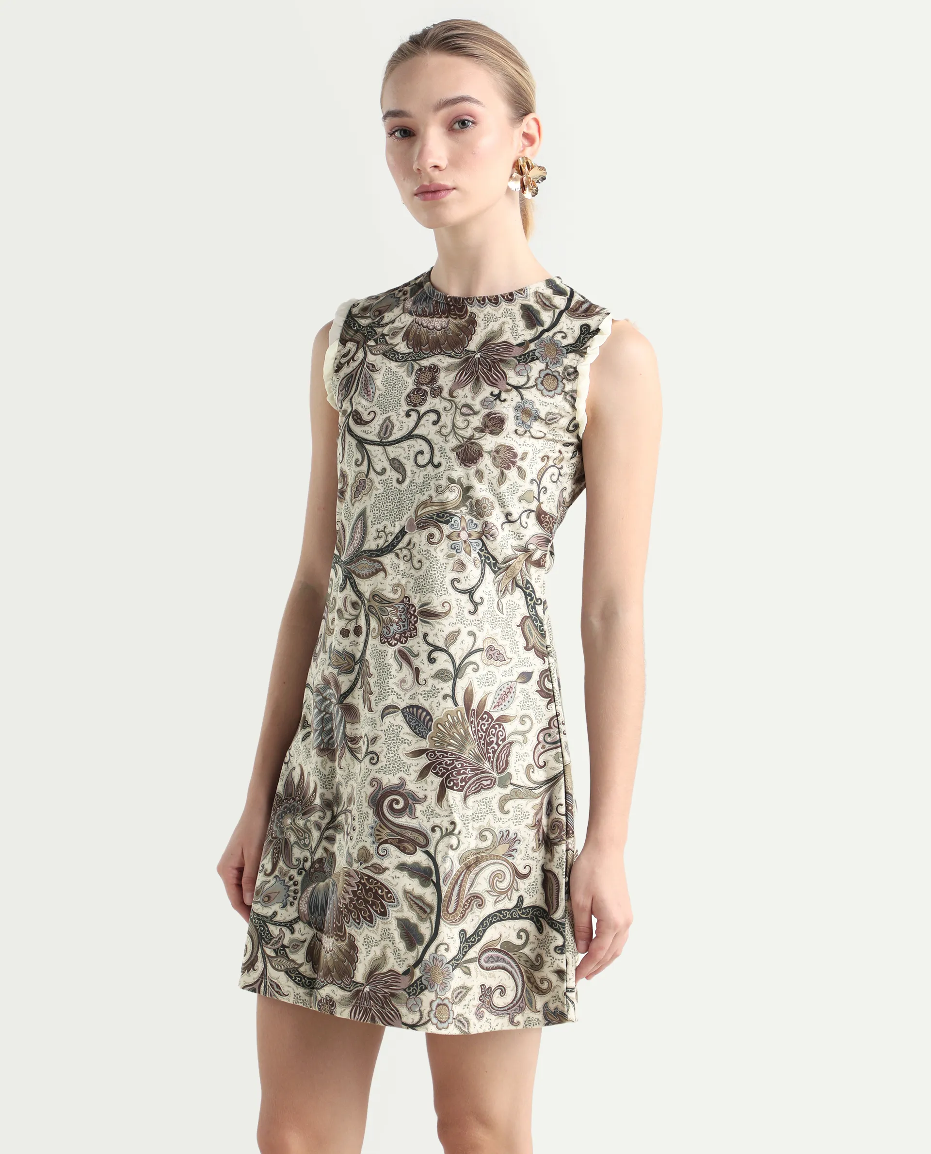 Rareism Women's Velvet Crew Neck Abstract Print Sleeveless Knee Length Fitted Dress - Image 5