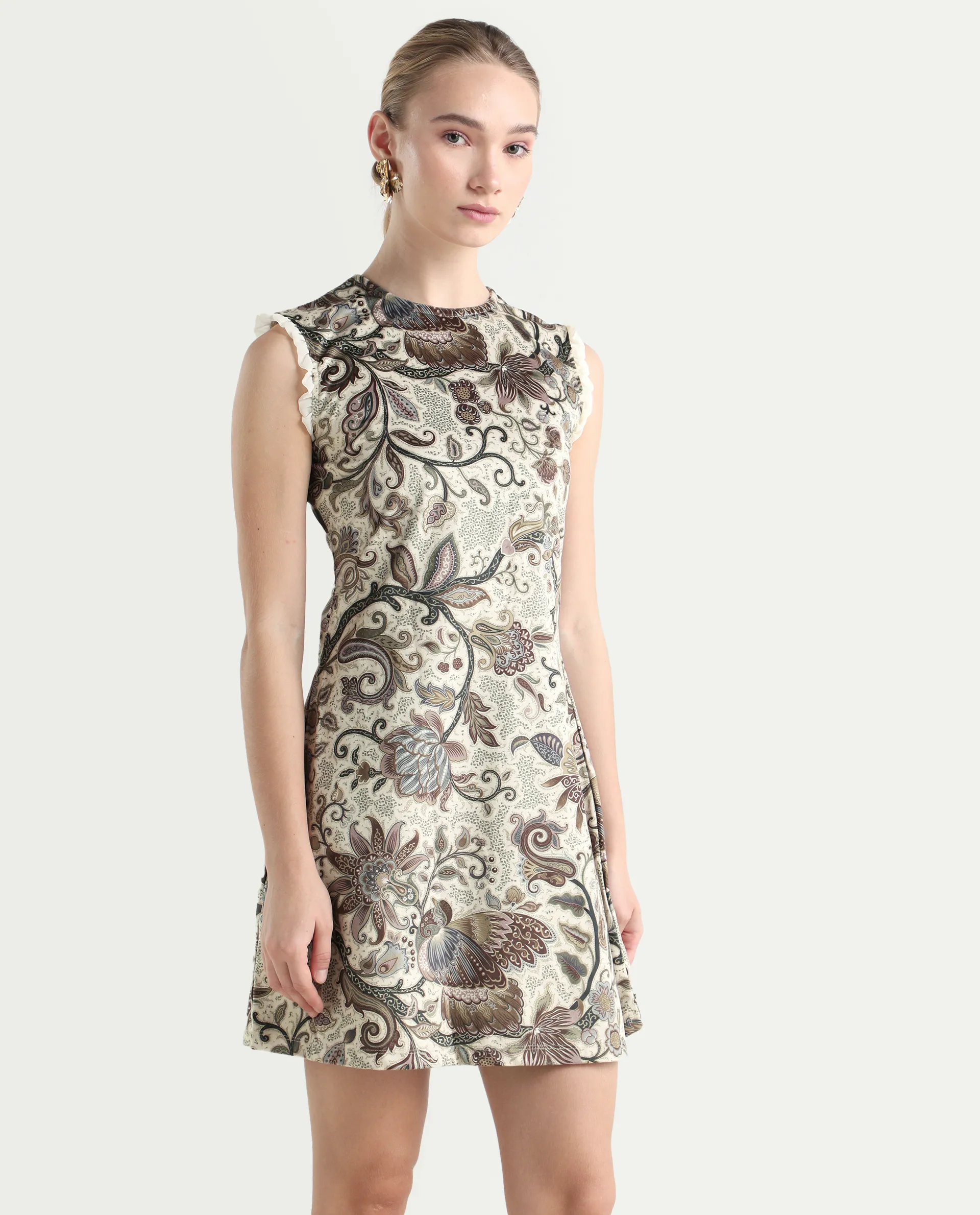 Rareism Women's Velvet Crew Neck Abstract Print Sleeveless Knee Length Fitted Dress - Image 6