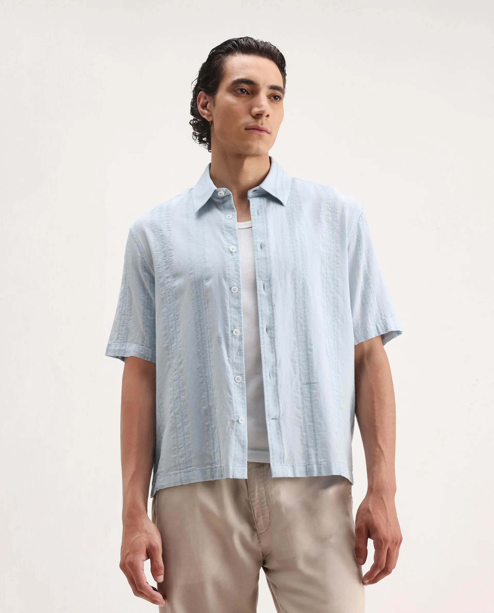 Rare Rabbit Men's Blarn Pastel Blue Cotton Blend Striped Print Boxy Fit Half Sleeve Collared Shirt - Image 3