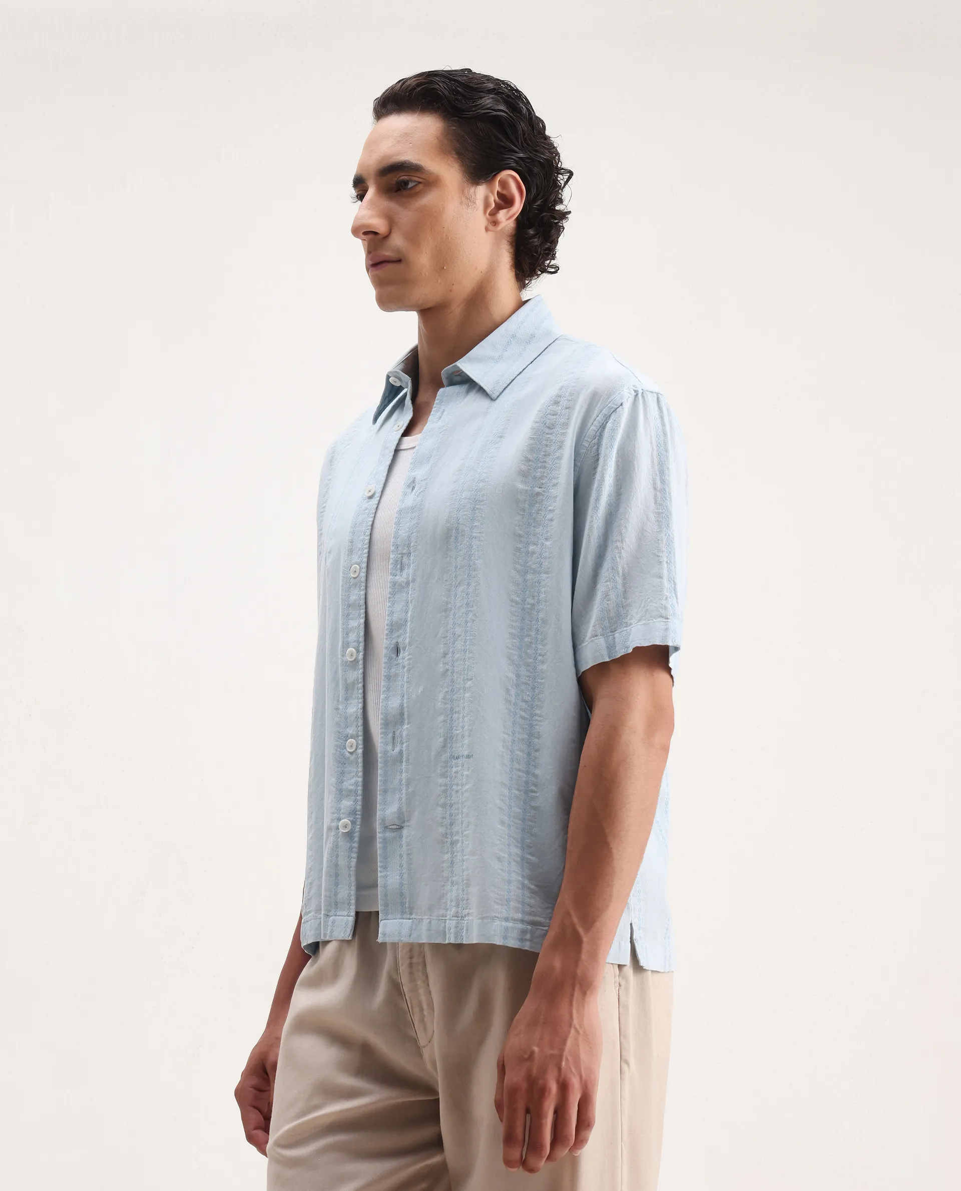 Rare Rabbit Men's Blarn Pastel Blue Cotton Blend Striped Print Boxy Fit Half Sleeve Collared Shirt - Image 4