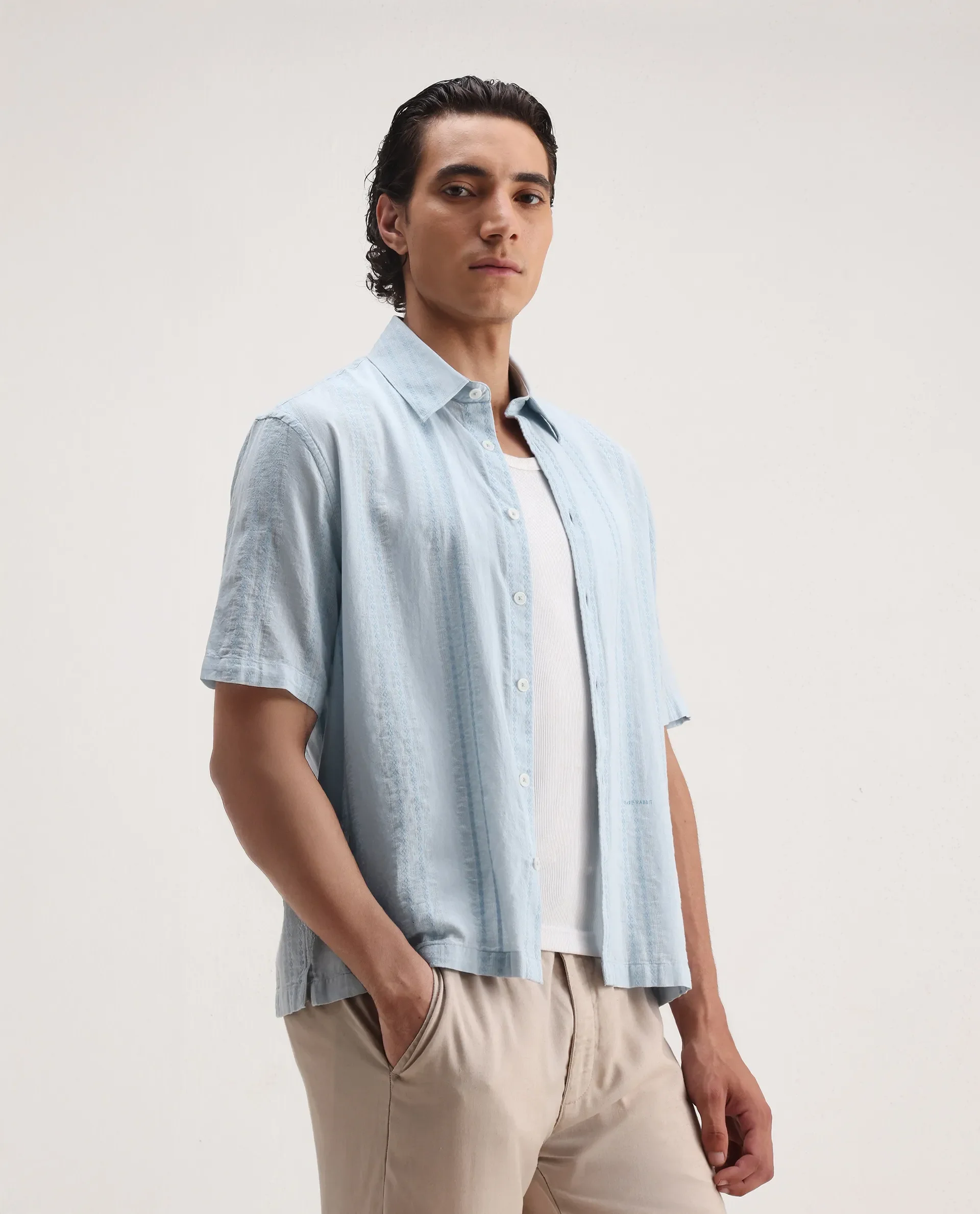 Rare Rabbit Men's Blarn Pastel Blue Cotton Blend Striped Print Boxy Fit Half Sleeve Collared Shirt - Image 5
