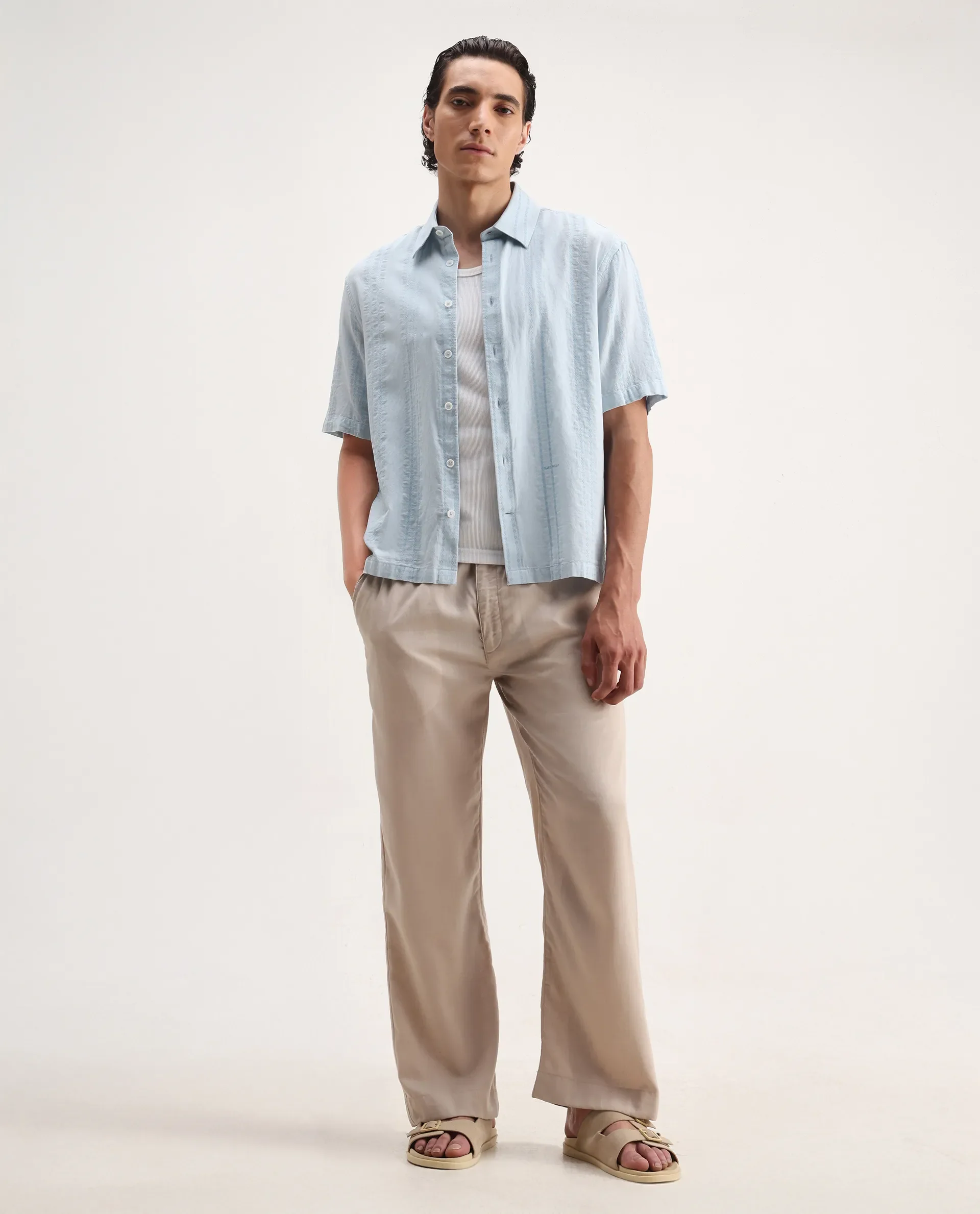 Rare Rabbit Men's Blarn Pastel Blue Cotton Blend Striped Print Boxy Fit Half Sleeve Collared Shirt - Image 6