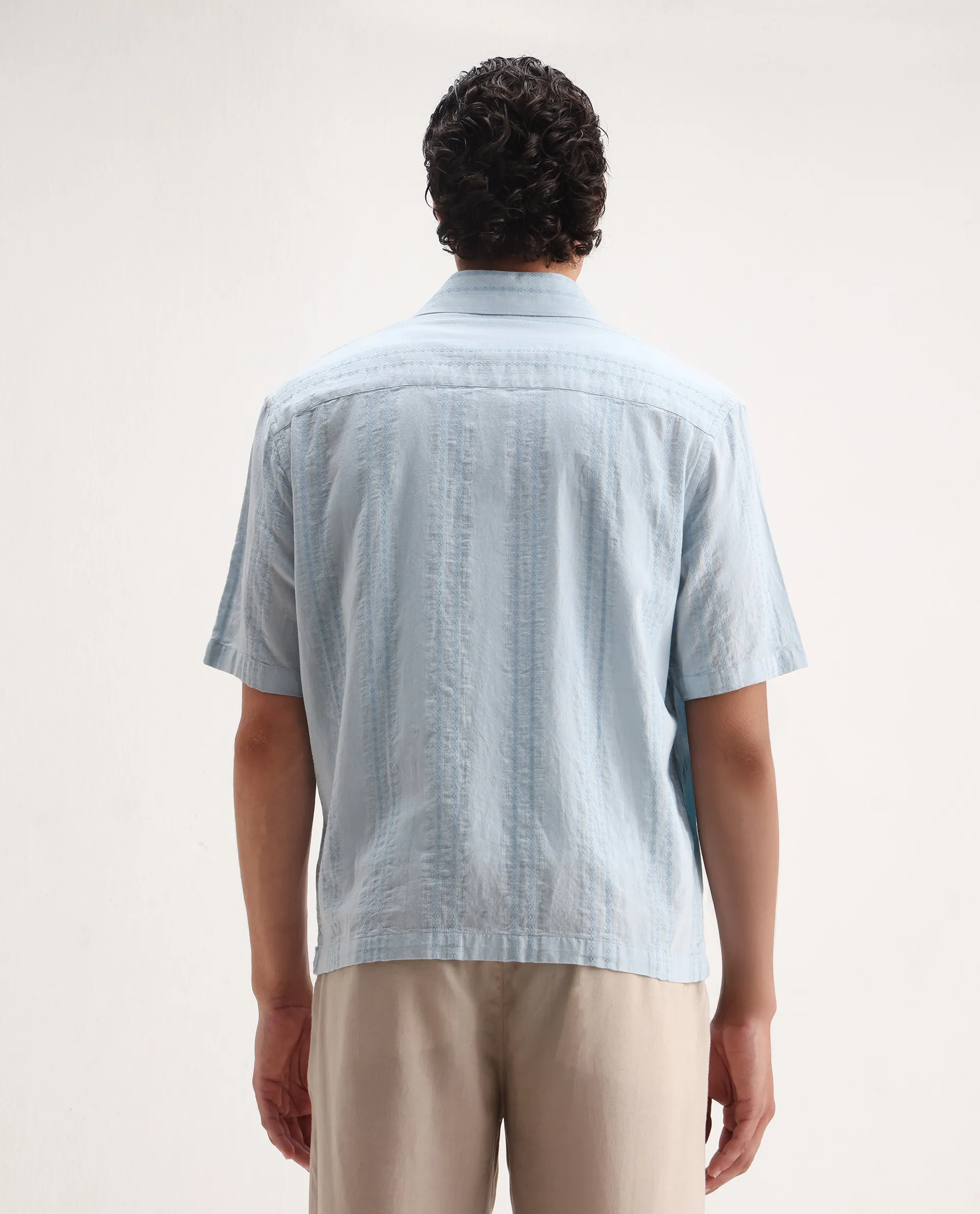 Rare Rabbit Men's Blarn Pastel Blue Cotton Blend Striped Print Boxy Fit Half Sleeve Collared Shirt - Image 7