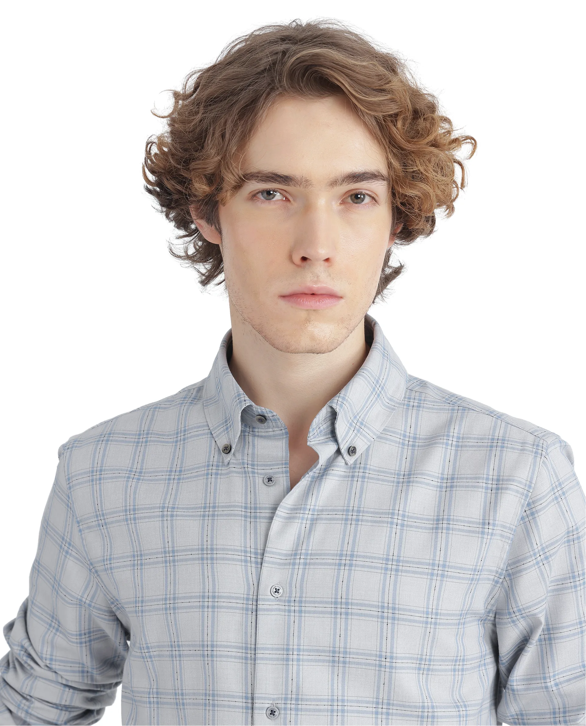 Rare Rabbit Men's Blase Light Grey Checked Print Regular Fit Full Sleeve Collared Shirt - Image 2