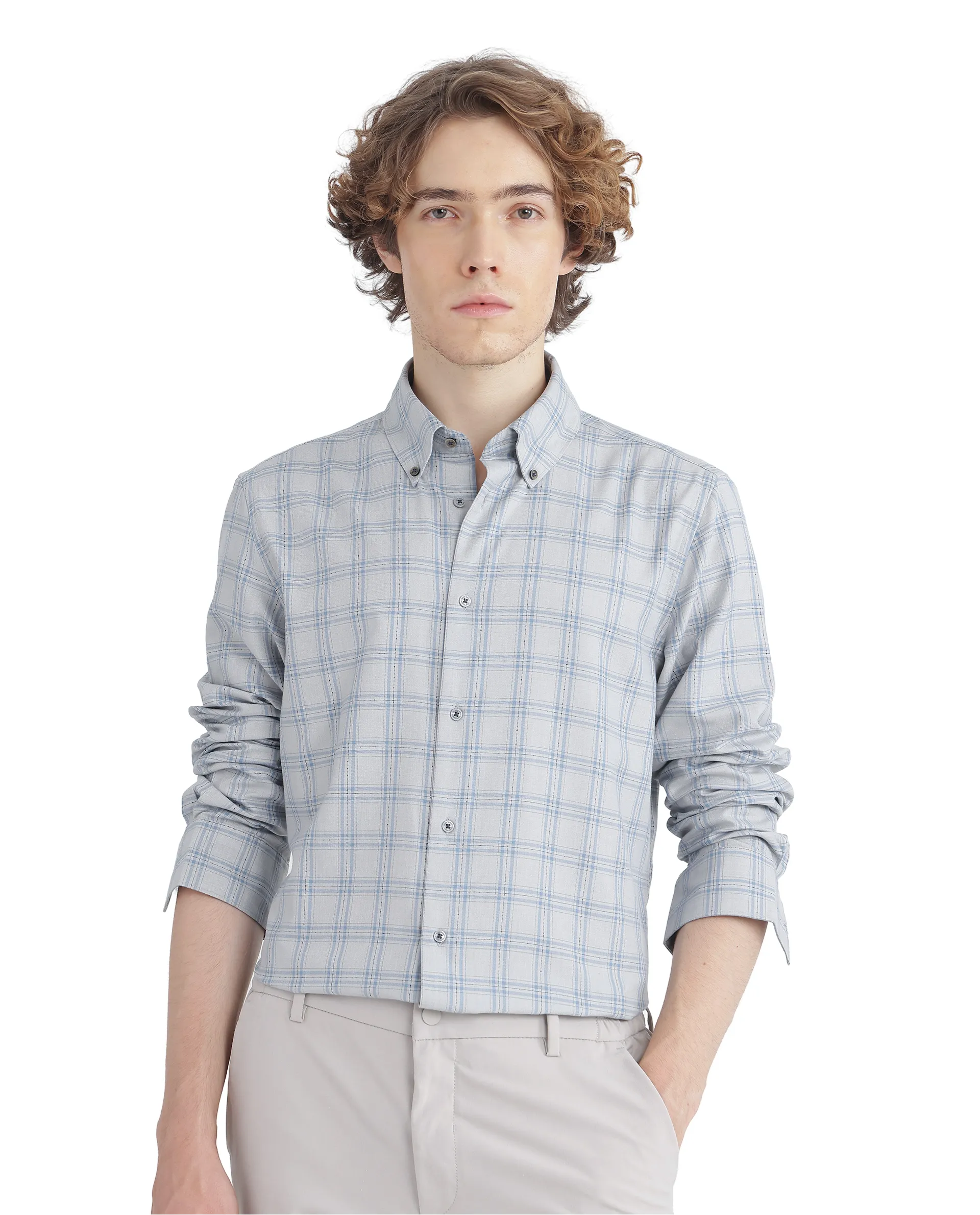 Rare Rabbit Men's Blase Light Grey Checked Print Regular Fit Full Sleeve Collared Shirt - Image 3
