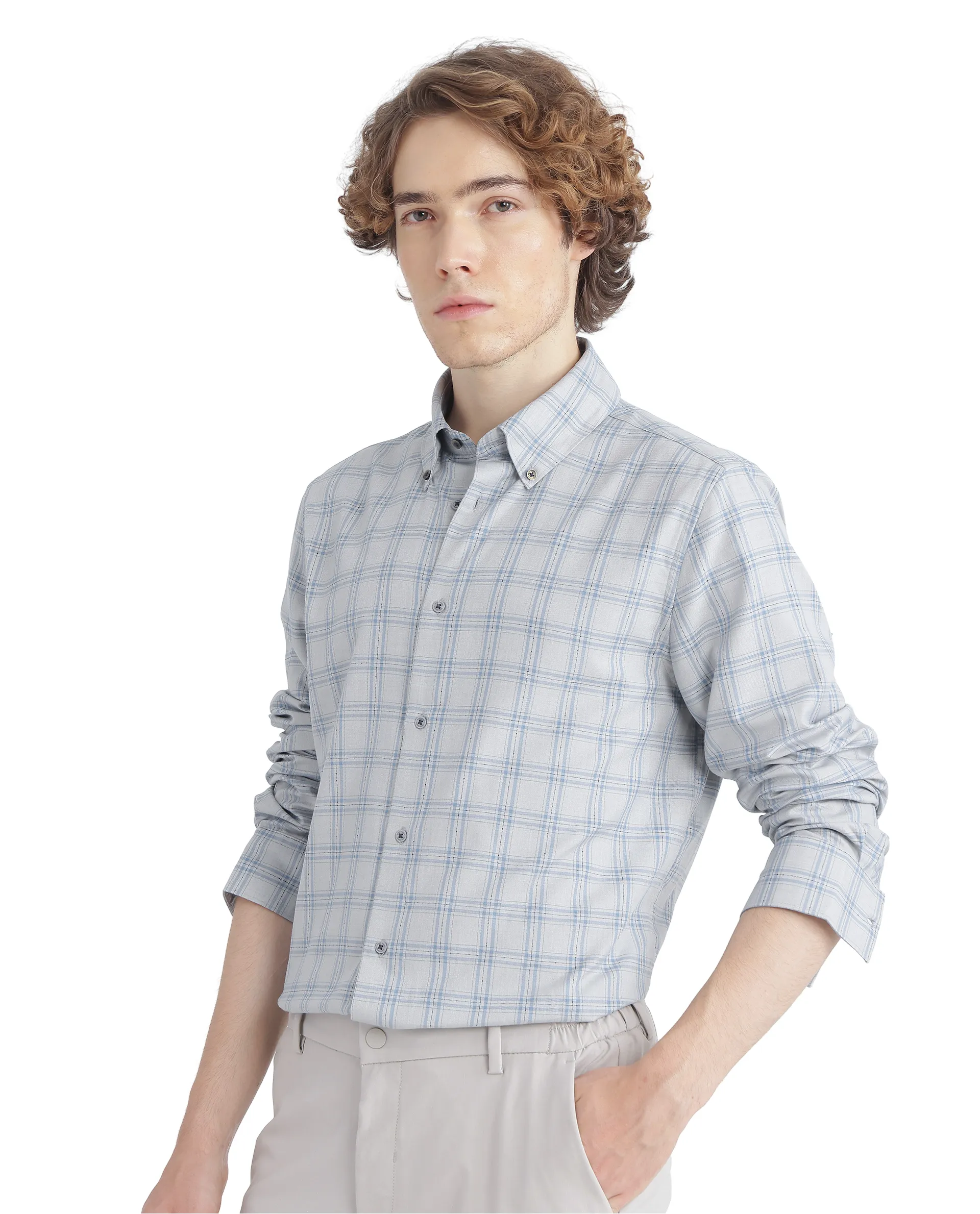 Rare Rabbit Men's Blase Light Grey Checked Print Regular Fit Full Sleeve Collared Shirt - Image 4