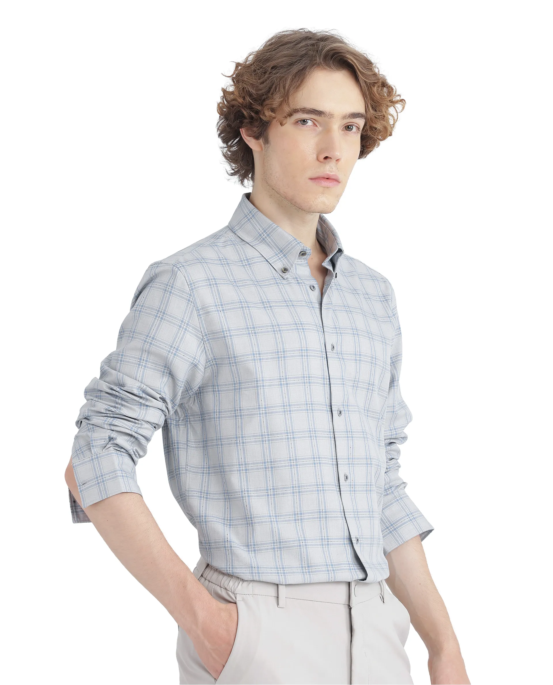 Rare Rabbit Men's Blase Light Grey Checked Print Regular Fit Full Sleeve Collared Shirt - Image 5