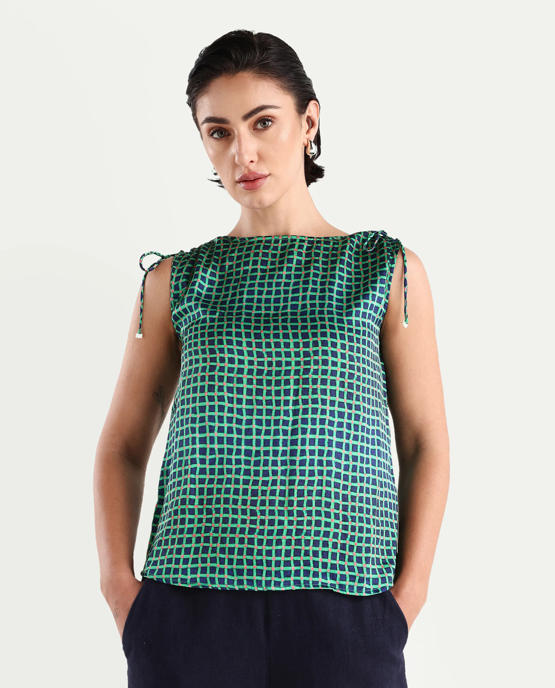 Rareism Women's Blaze Green Polyester Boat Neck Geometric Print Sleeveless Regular Fit Top - Image 3