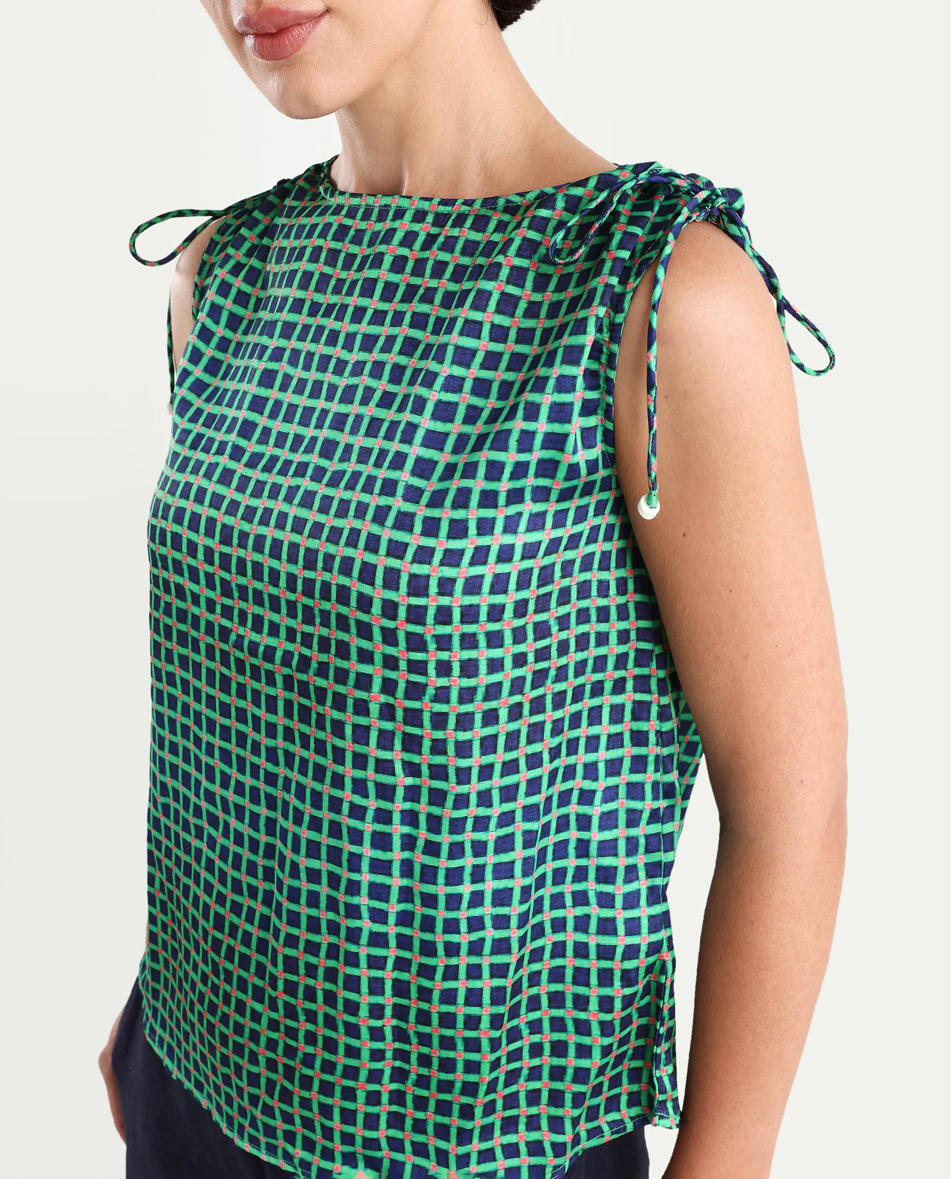 Rareism Women's Blaze Green Polyester Boat Neck Geometric Print Sleeveless Regular Fit Top - Image 4