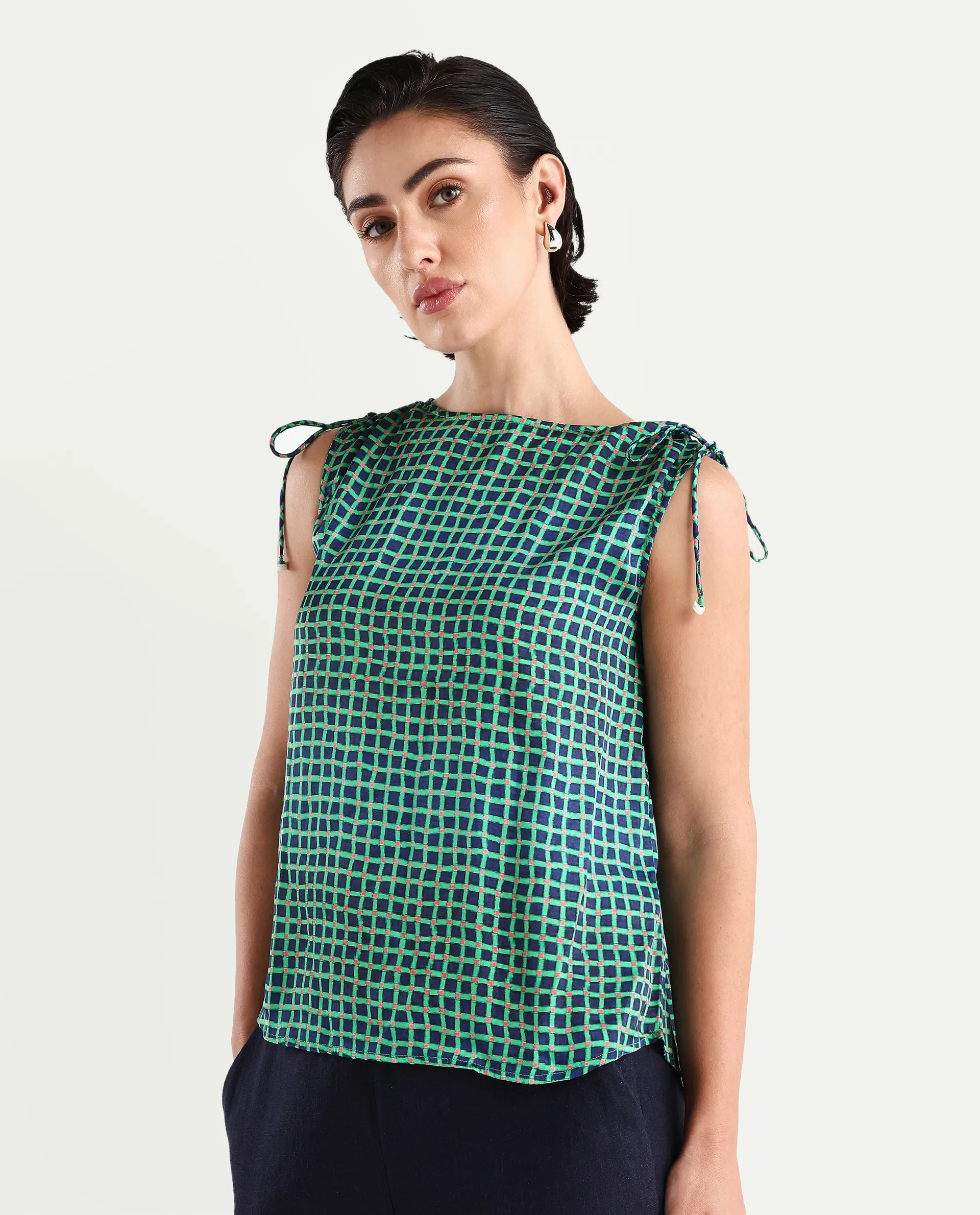 Rareism Women's Blaze Green Polyester Boat Neck Geometric Print Sleeveless Regular Fit Top - Image 5