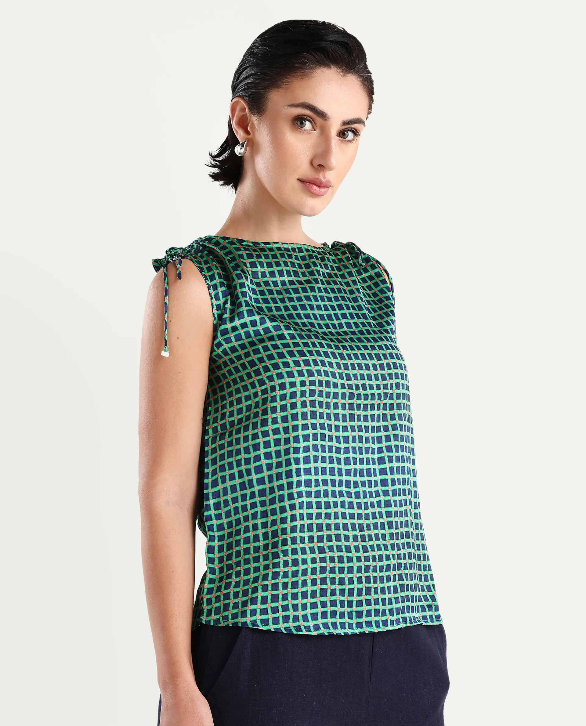Rareism Women's Blaze Green Polyester Boat Neck Geometric Print Sleeveless Regular Fit Top - Image 6