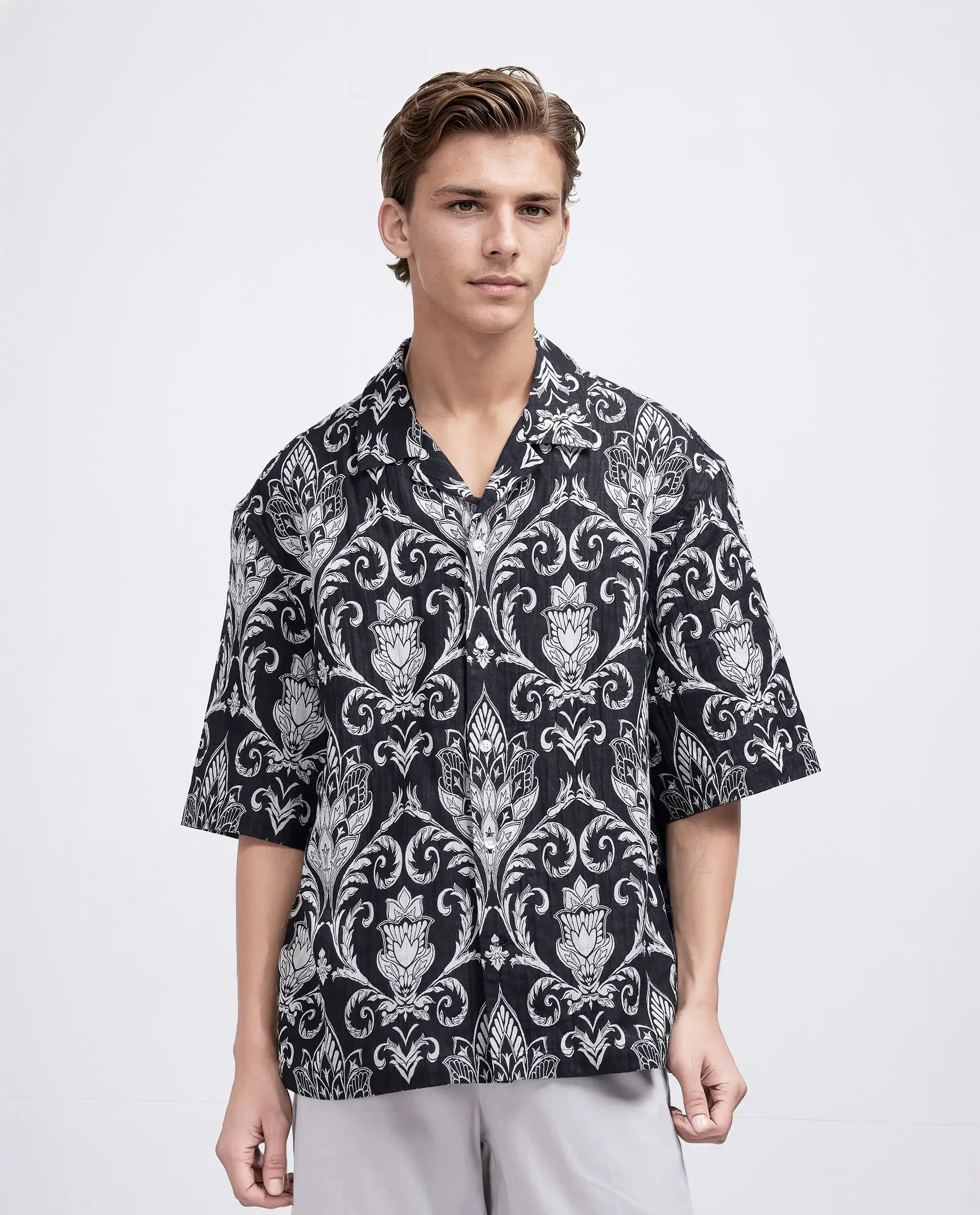 Rare Rabbit Men's Ble Black Cotton Blend Printed Boxy Fit Half Sleeve Cuban Collar Shirt - Image 2