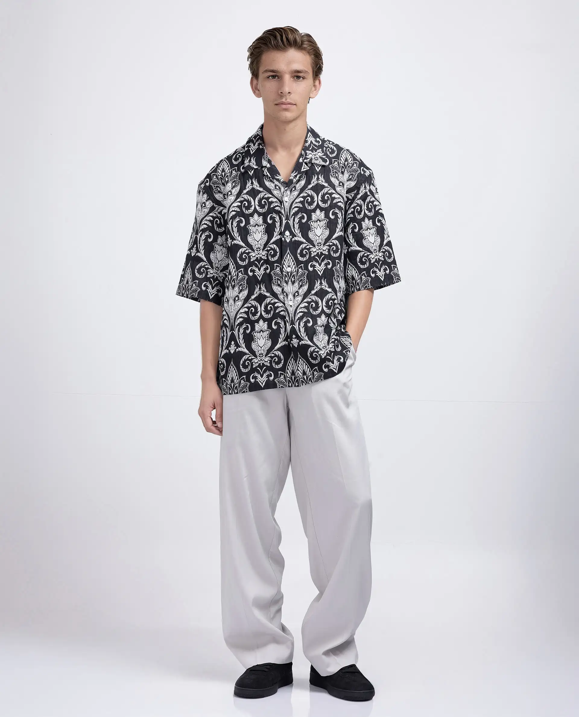 Rare Rabbit Men's Ble Black Cotton Blend Printed Boxy Fit Half Sleeve Cuban Collar Shirt - Image 3