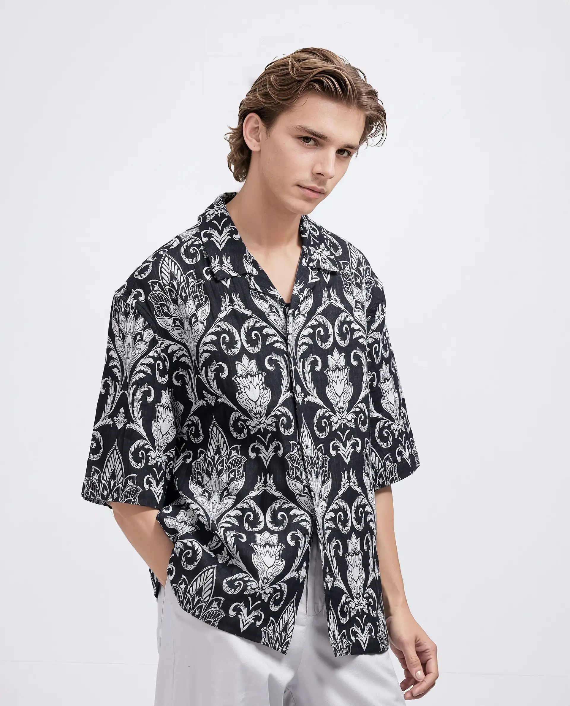 Rare Rabbit Men's Ble Black Cotton Blend Printed Boxy Fit Half Sleeve Cuban Collar Shirt - Image 7