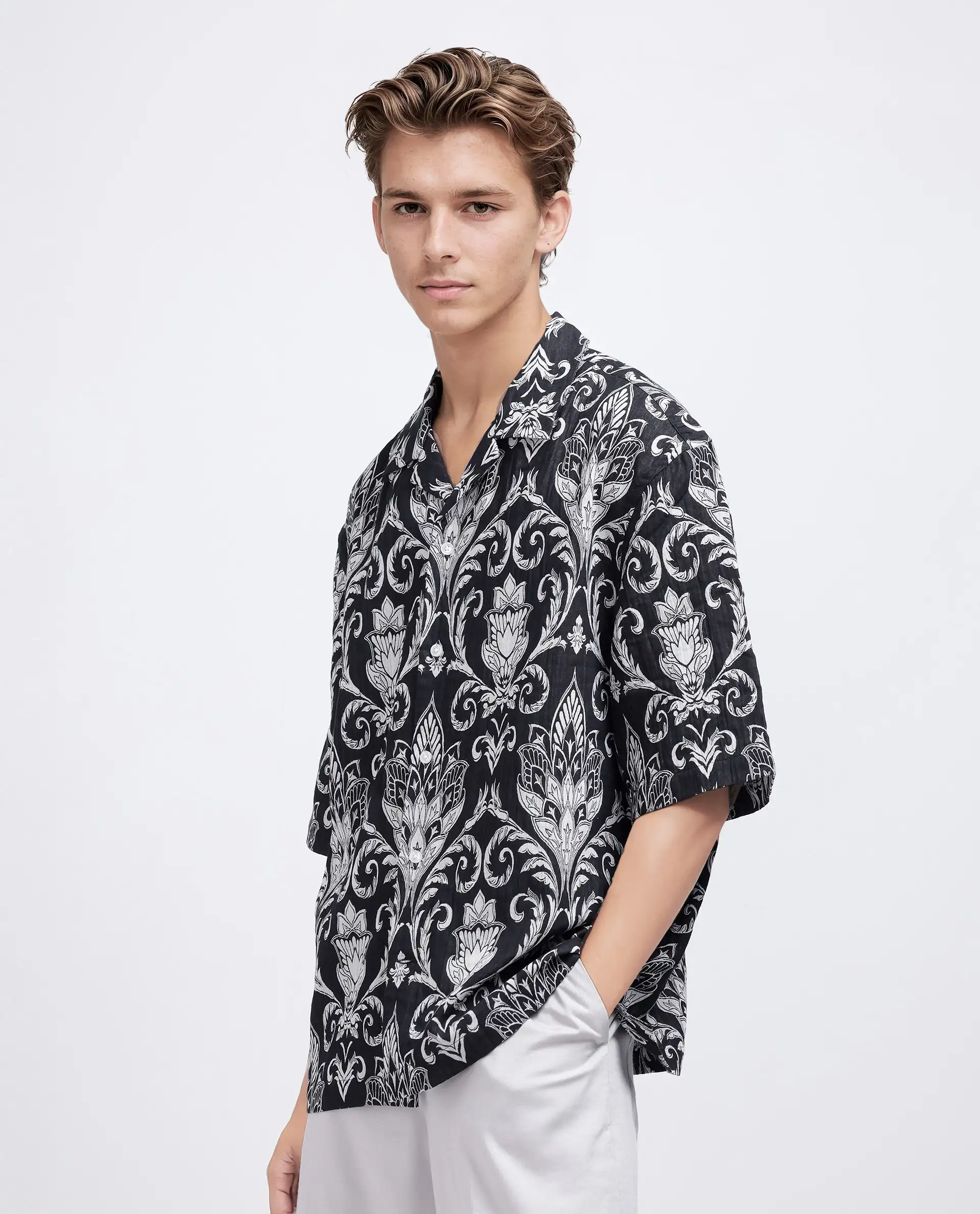 Rare Rabbit Men's Ble Black Cotton Blend Printed Boxy Fit Half Sleeve Cuban Collar Shirt - Image 8