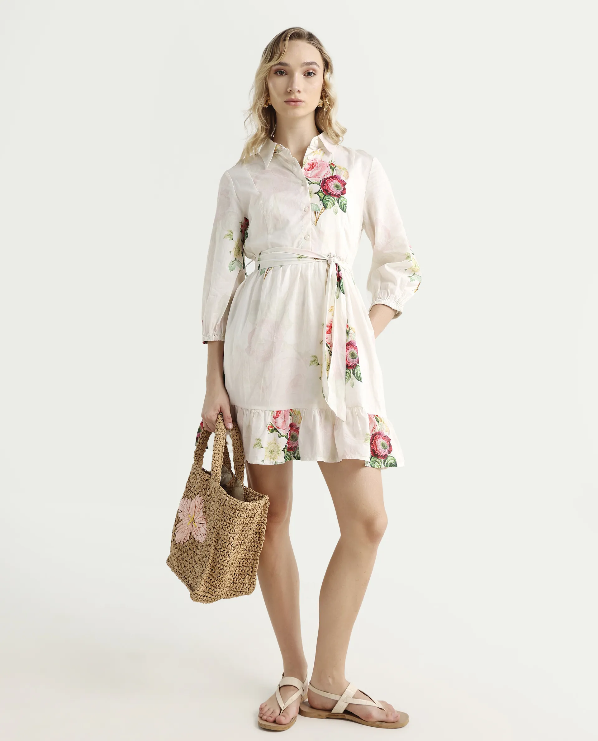 Rareism Women's Blecki Off White Cotton Drop Collar Floral Print Cuffed Sleeve Mini Fit And Flare Dress - Image 2